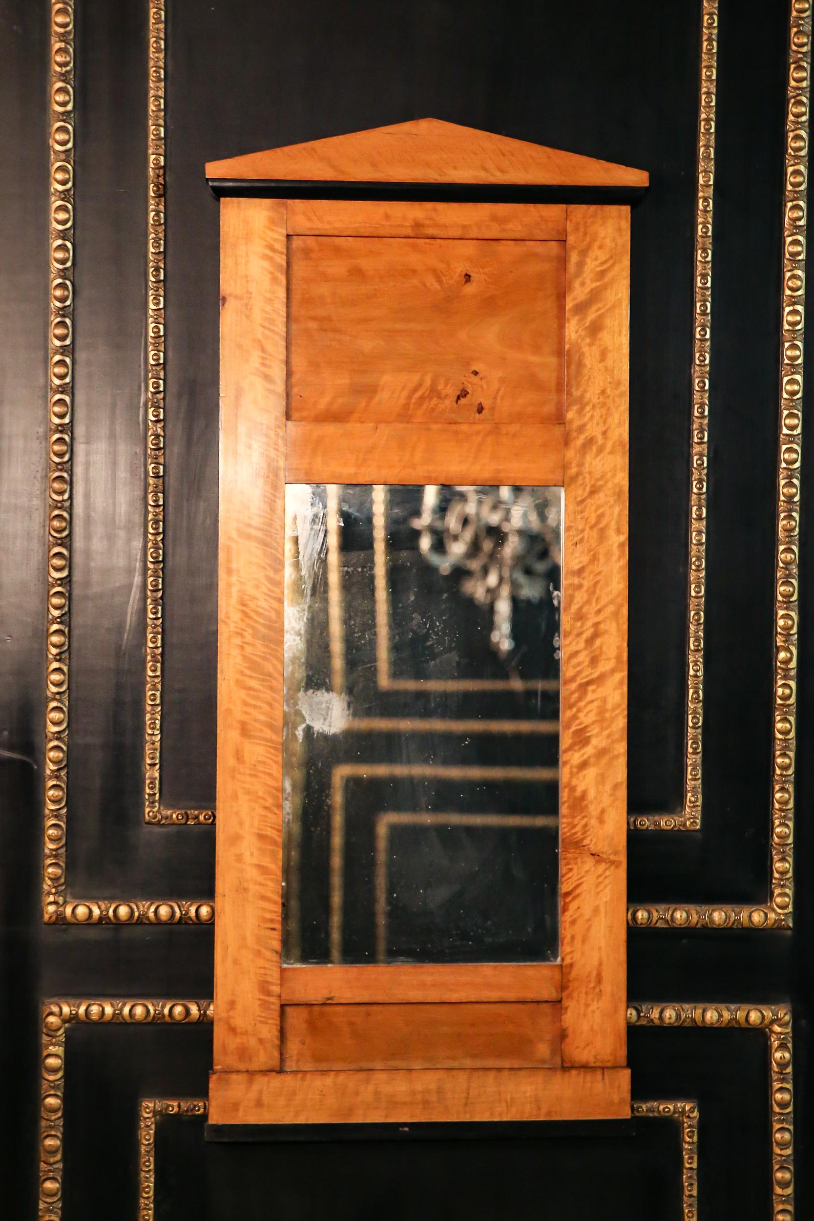 Original Biedermeier mirror, circa 1825 Schinkeldach birch. Solid birch on softwood. Highly rectangular, architecturally designed corpus. Middle original mirror, building ending in Schinkeldach.