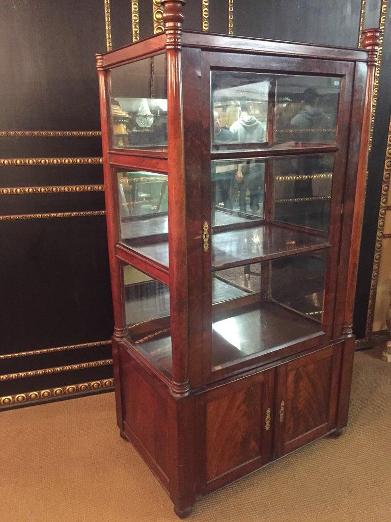 German 19th Century Biedermeier Style Three-Sided Glazed Glass Vitrine mahogany veneer For Sale