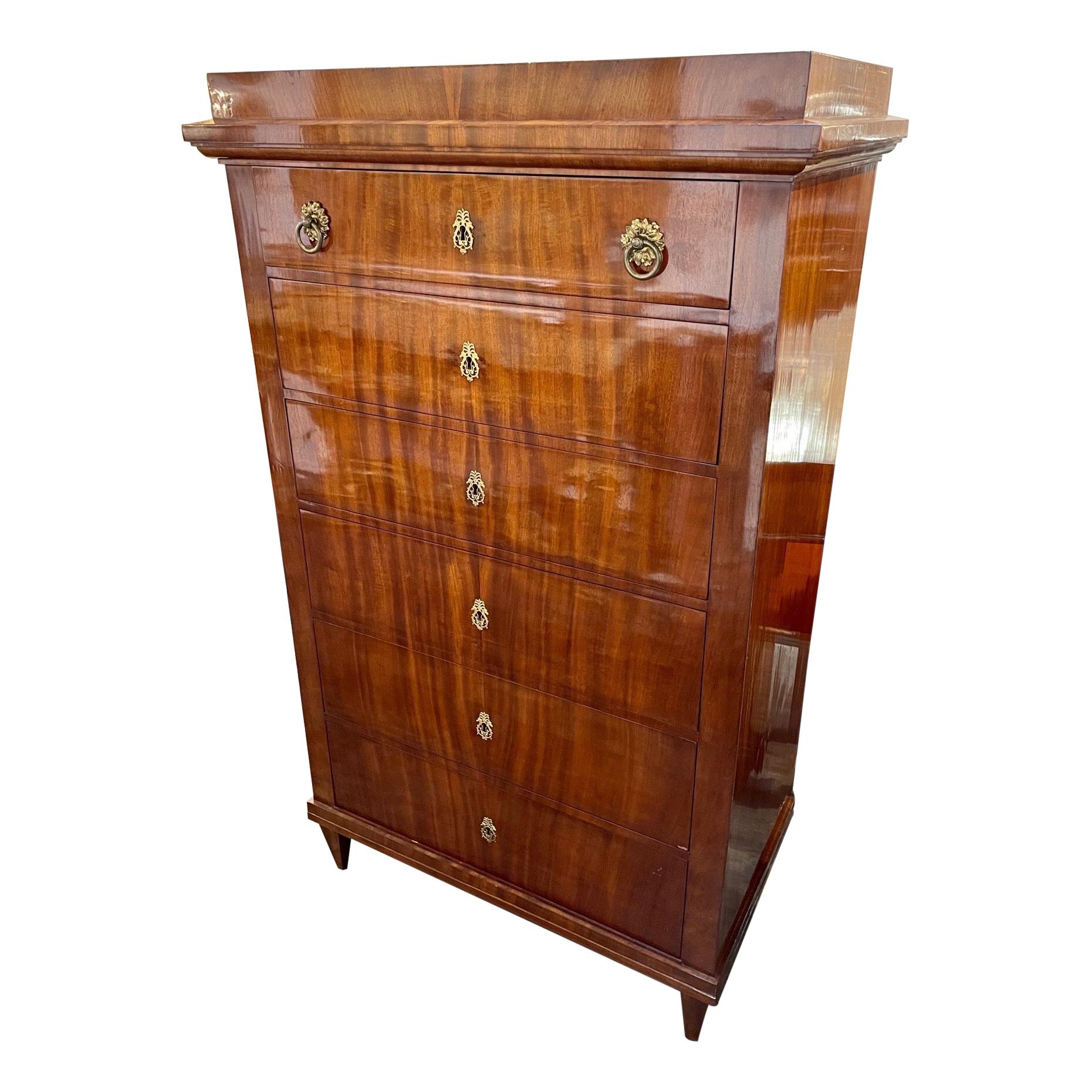 19th Century Biedermeier Tall Chest of Drawers with Bronze Mounts