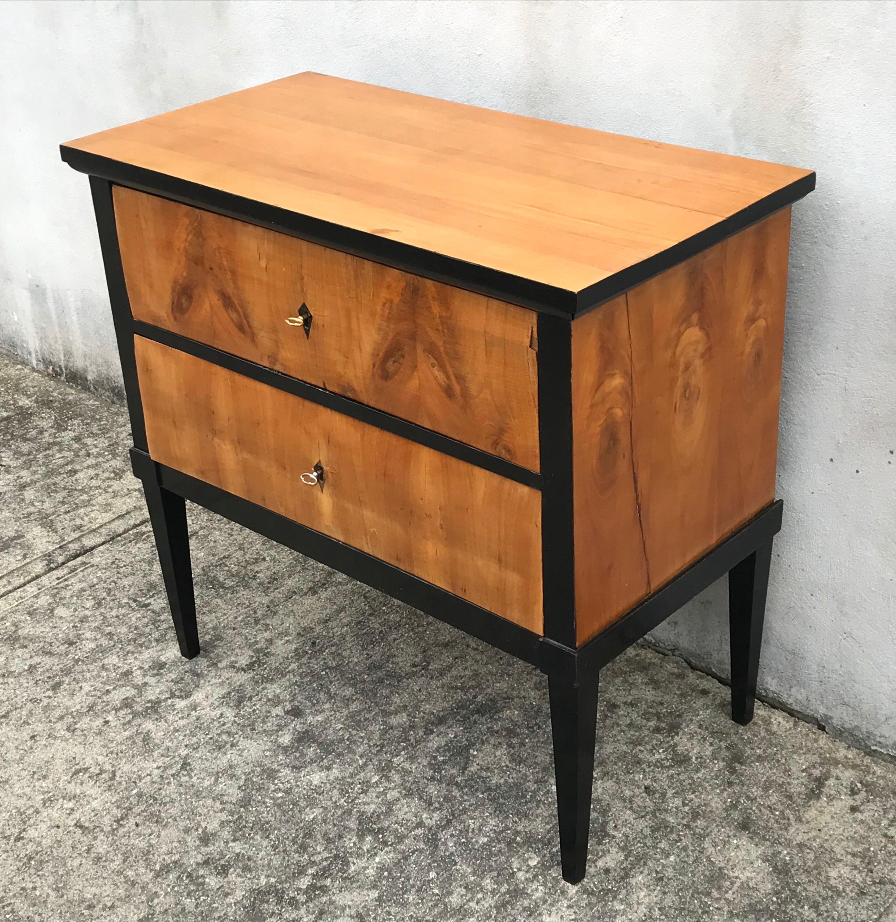German 19th Century Biedermeier Two-Drawer Dresser, Key Drawer Pulls, Tapered Legs