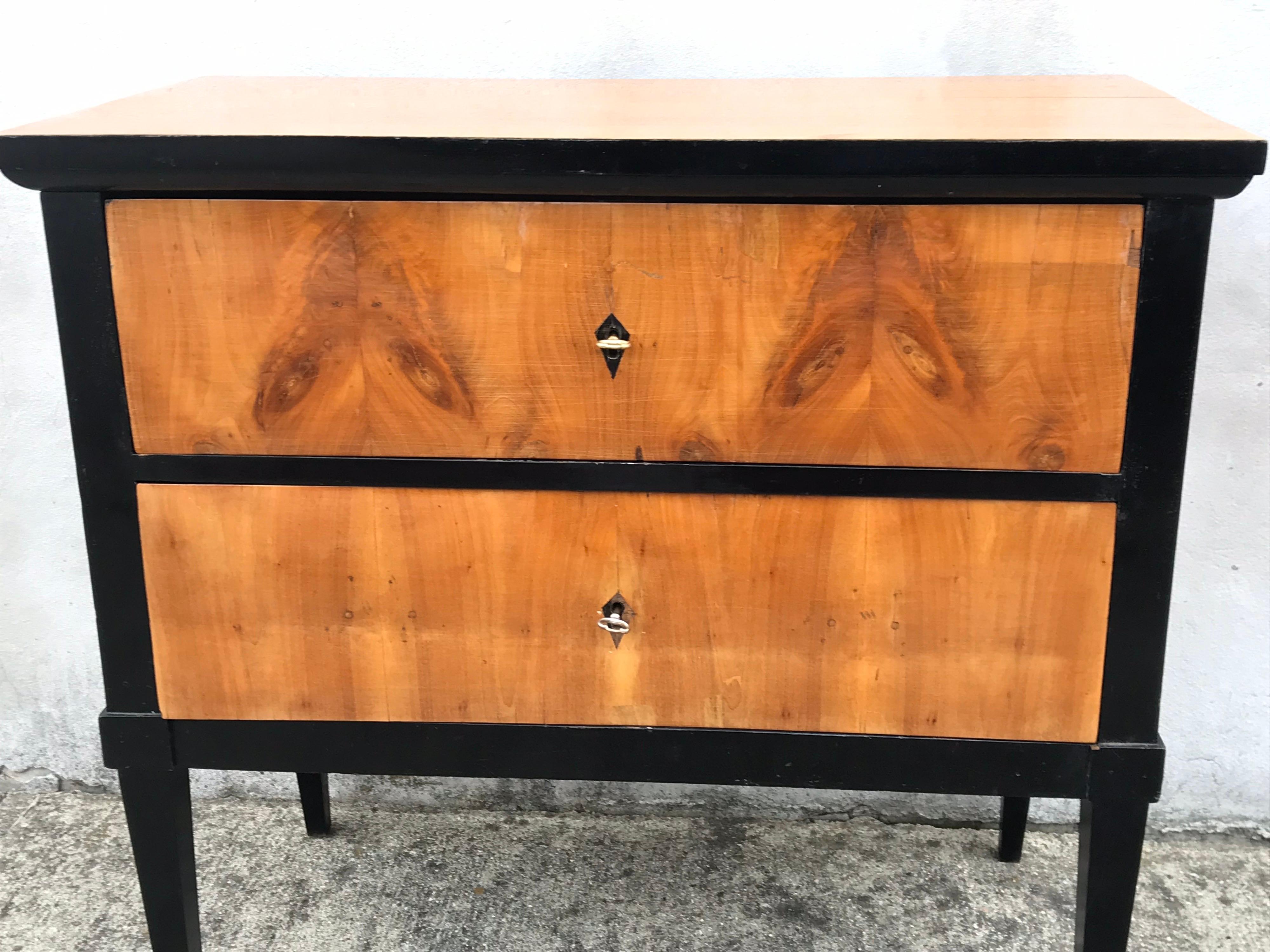 19th Century Biedermeier Two-Drawer Dresser, Key Drawer Pulls, Tapered Legs In Good Condition In Bedford Hills, NY