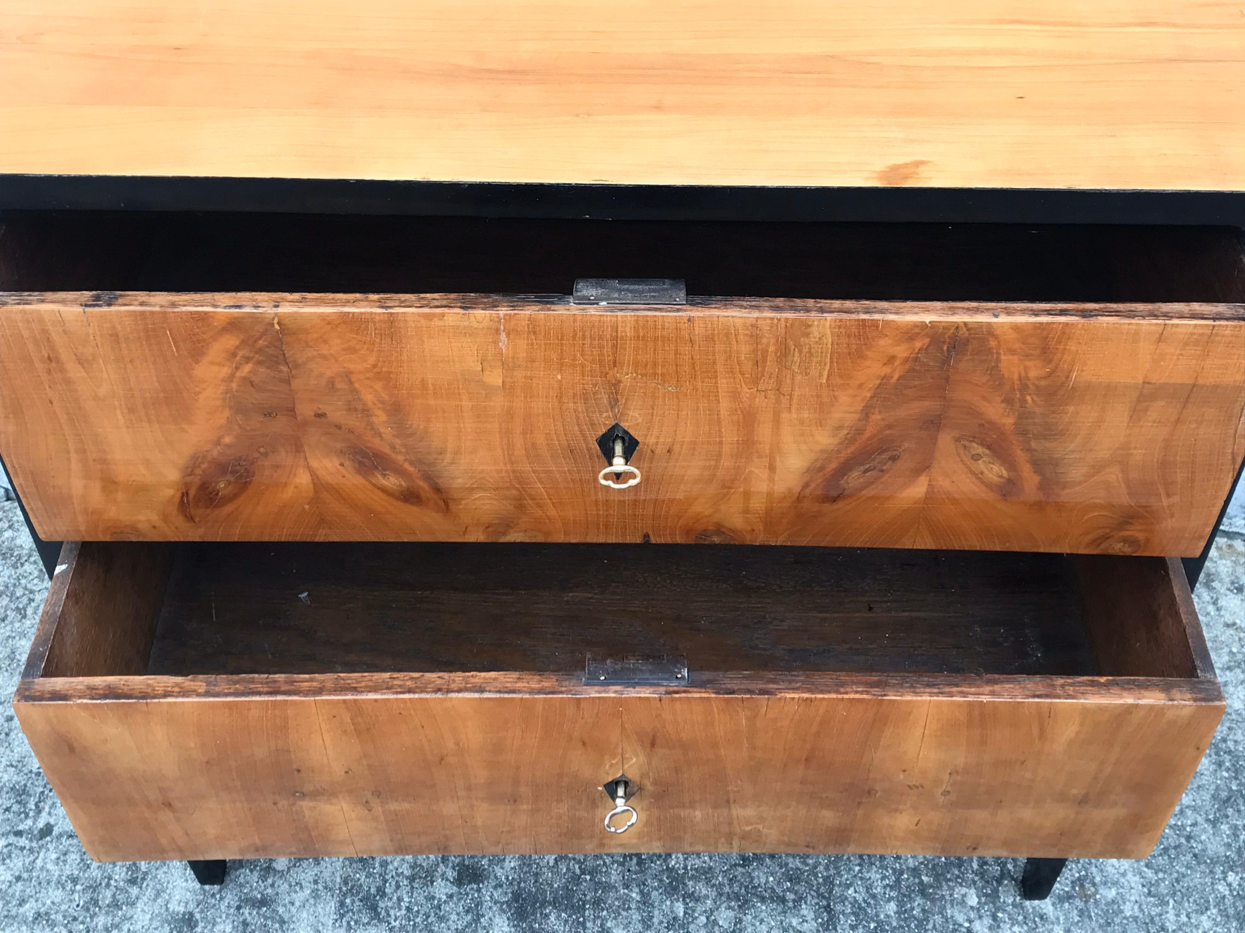Walnut 19th Century Biedermeier Two-Drawer Dresser, Key Drawer Pulls, Tapered Legs