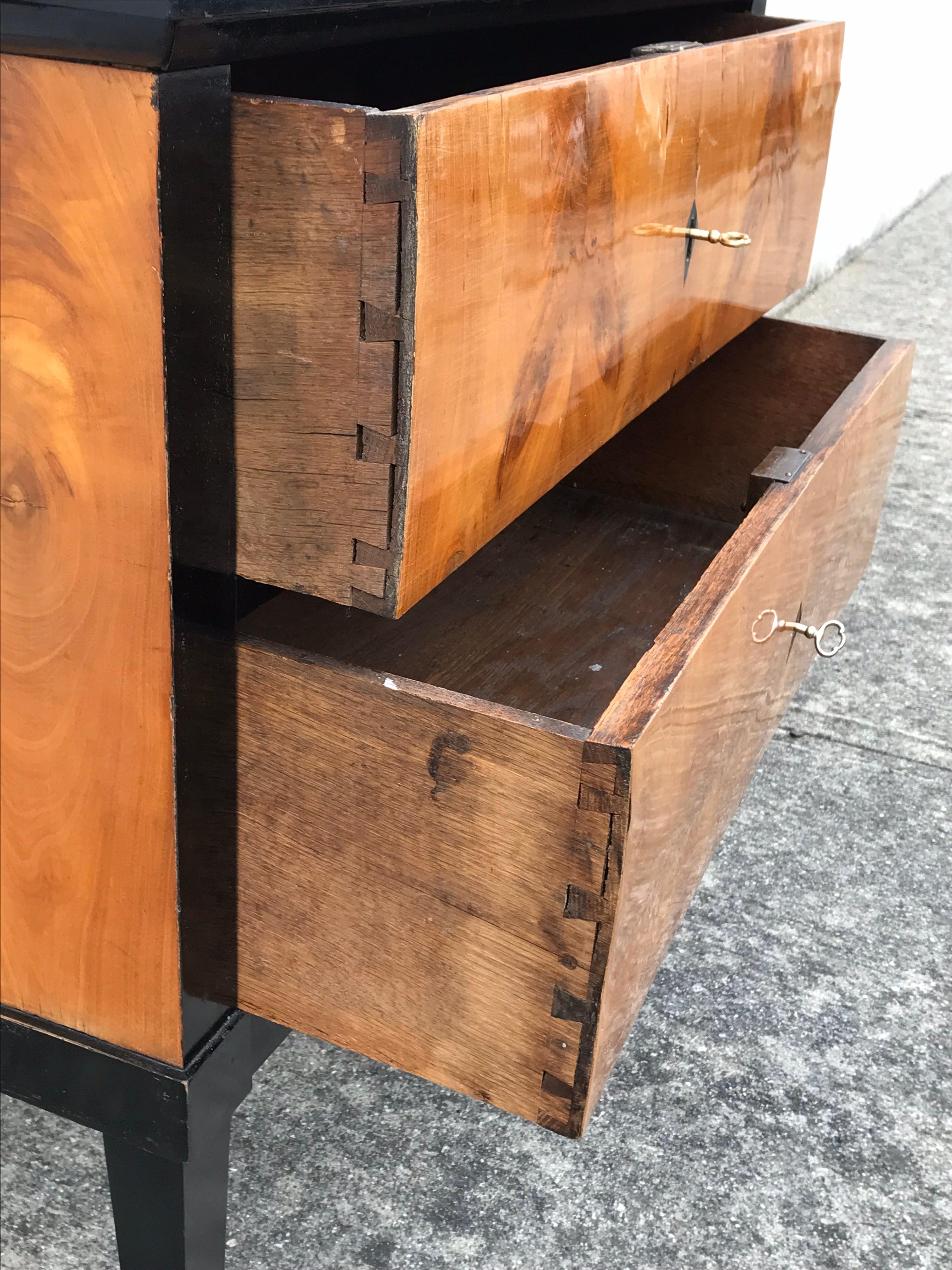 19th Century Biedermeier Two-Drawer Dresser, Key Drawer Pulls, Tapered Legs 1