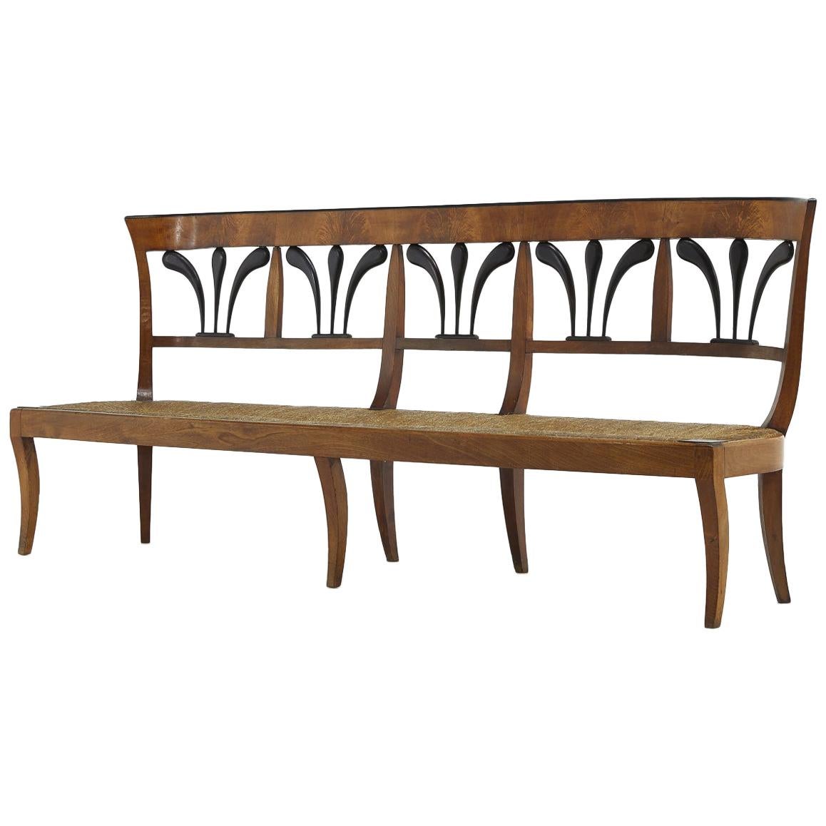 19th Century Biedermeier Walnut and Rush Seat Bench For Sale