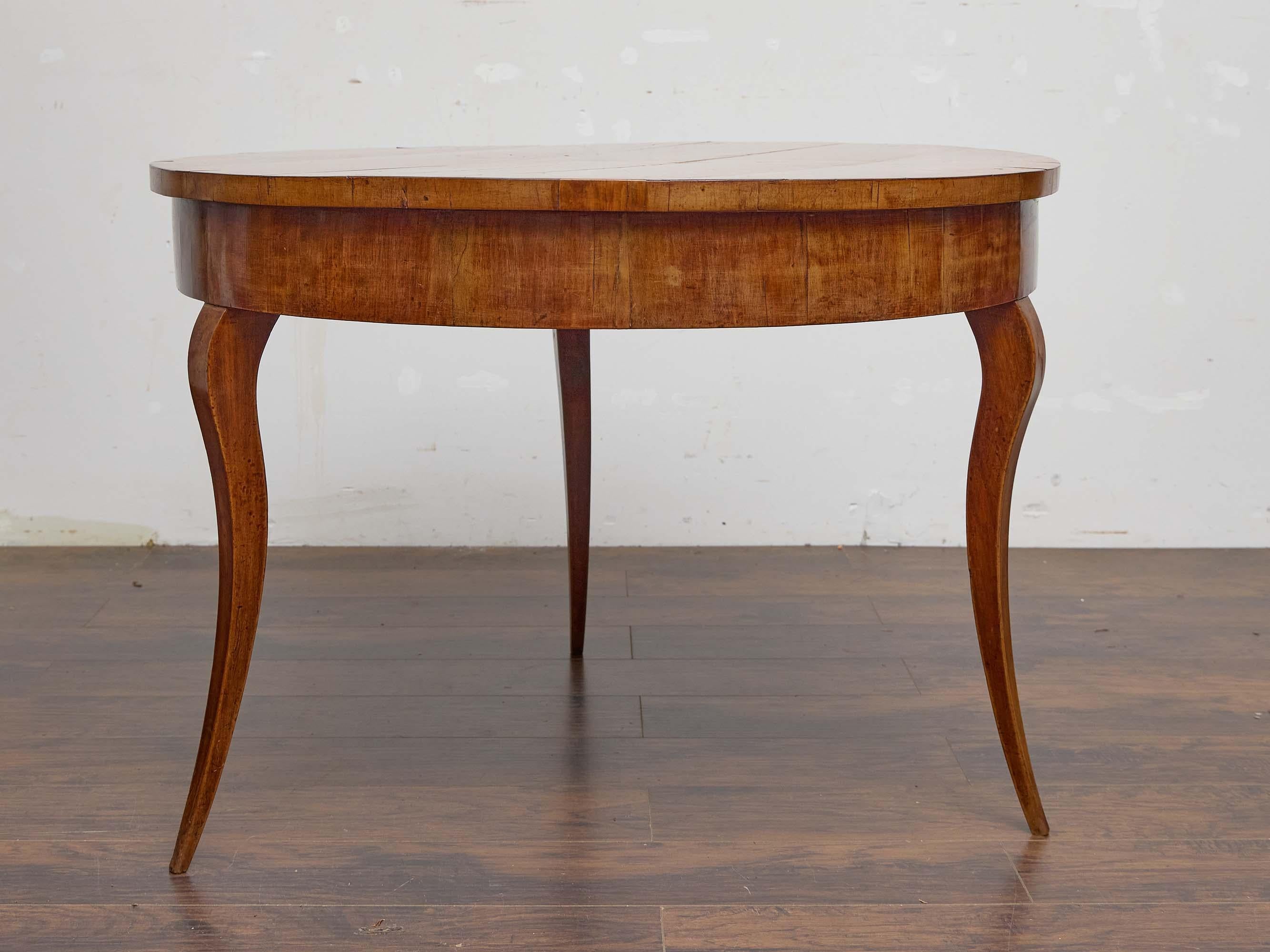 Brass 19th Century Biedermeier Walnut Round Center Table with Radiating Veneer Top For Sale