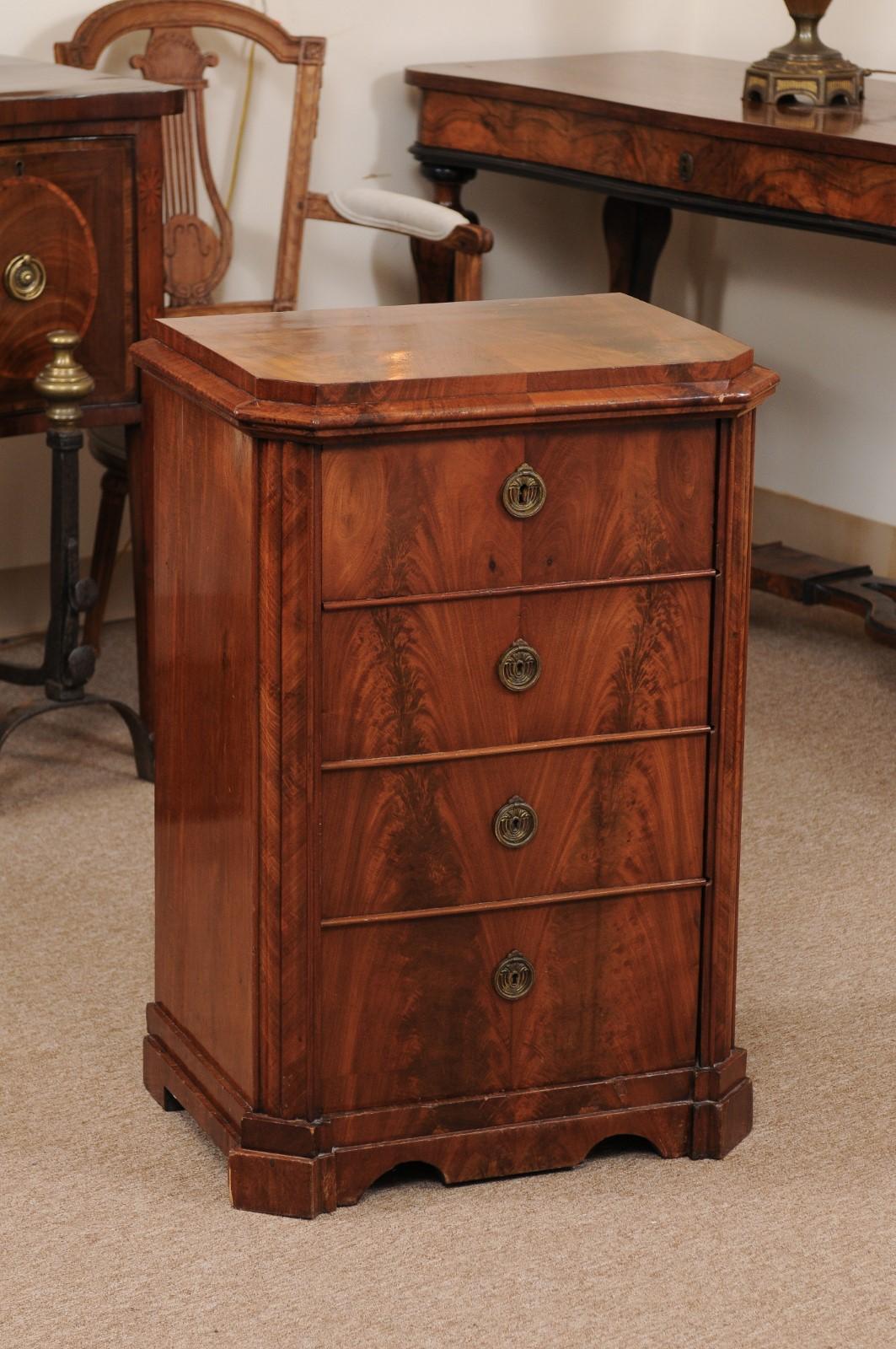 19th century Biedermeier walnut side cabinet/commodino with canted corners & faux drawers.