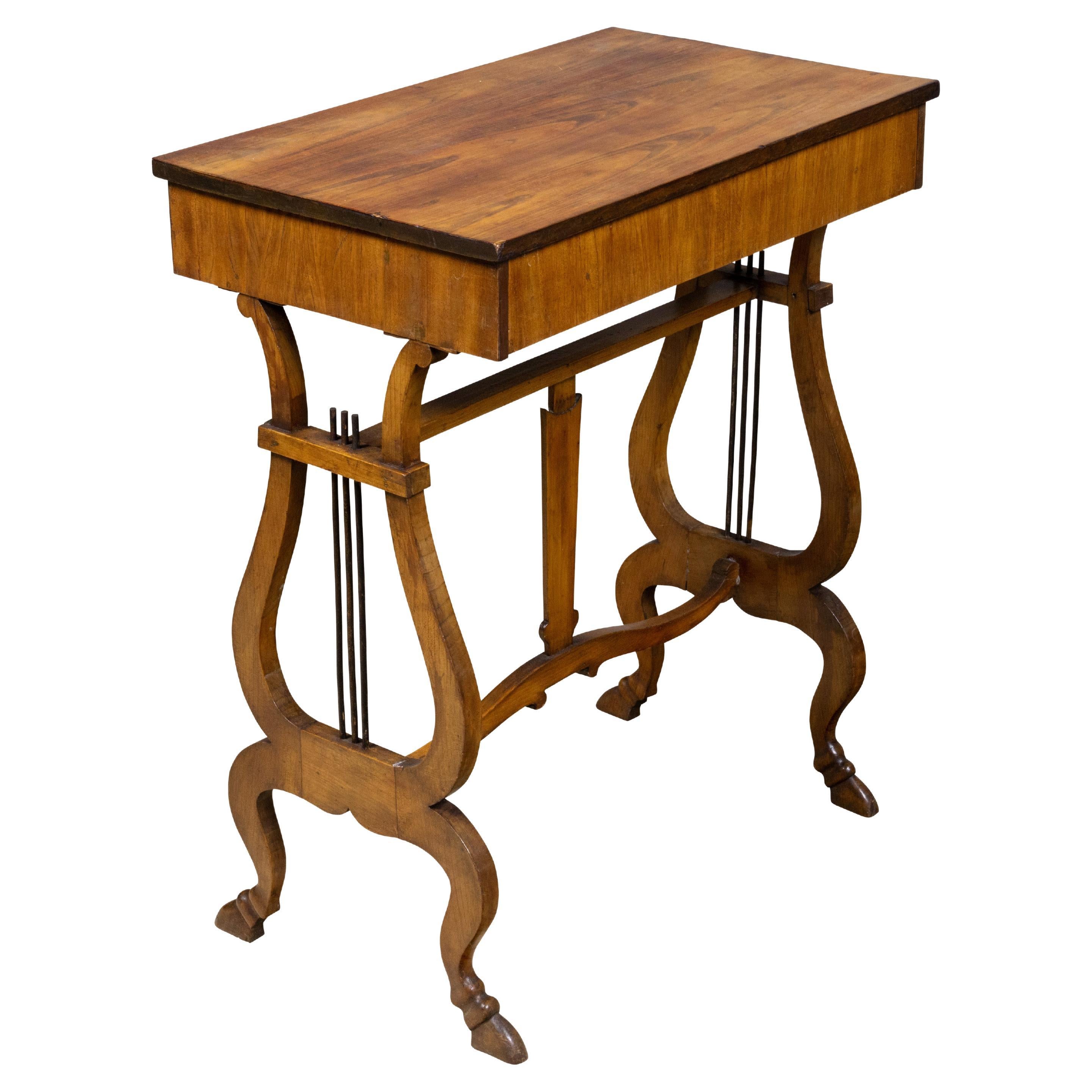 19th Century Biedermeier Walnut Work Table with Lyre Supports and Fitted Drawer