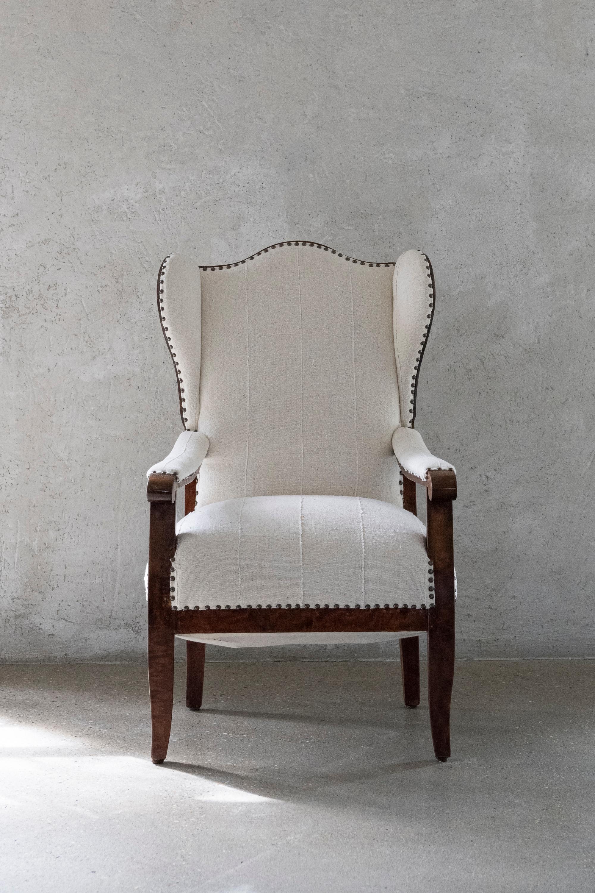 German 19th Century Biedermeier Wing Chair Reimagined in Bleached White Cotton Textile For Sale