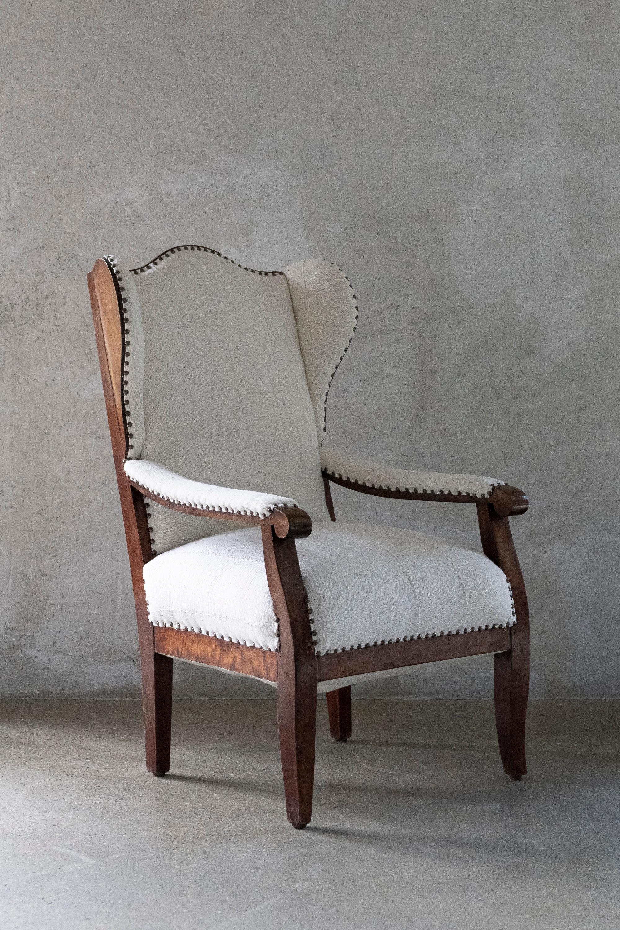 19th Century Biedermeier Wing Chair Reimagined in Bleached White Cotton Textile In Good Condition For Sale In Wainscott, NY
