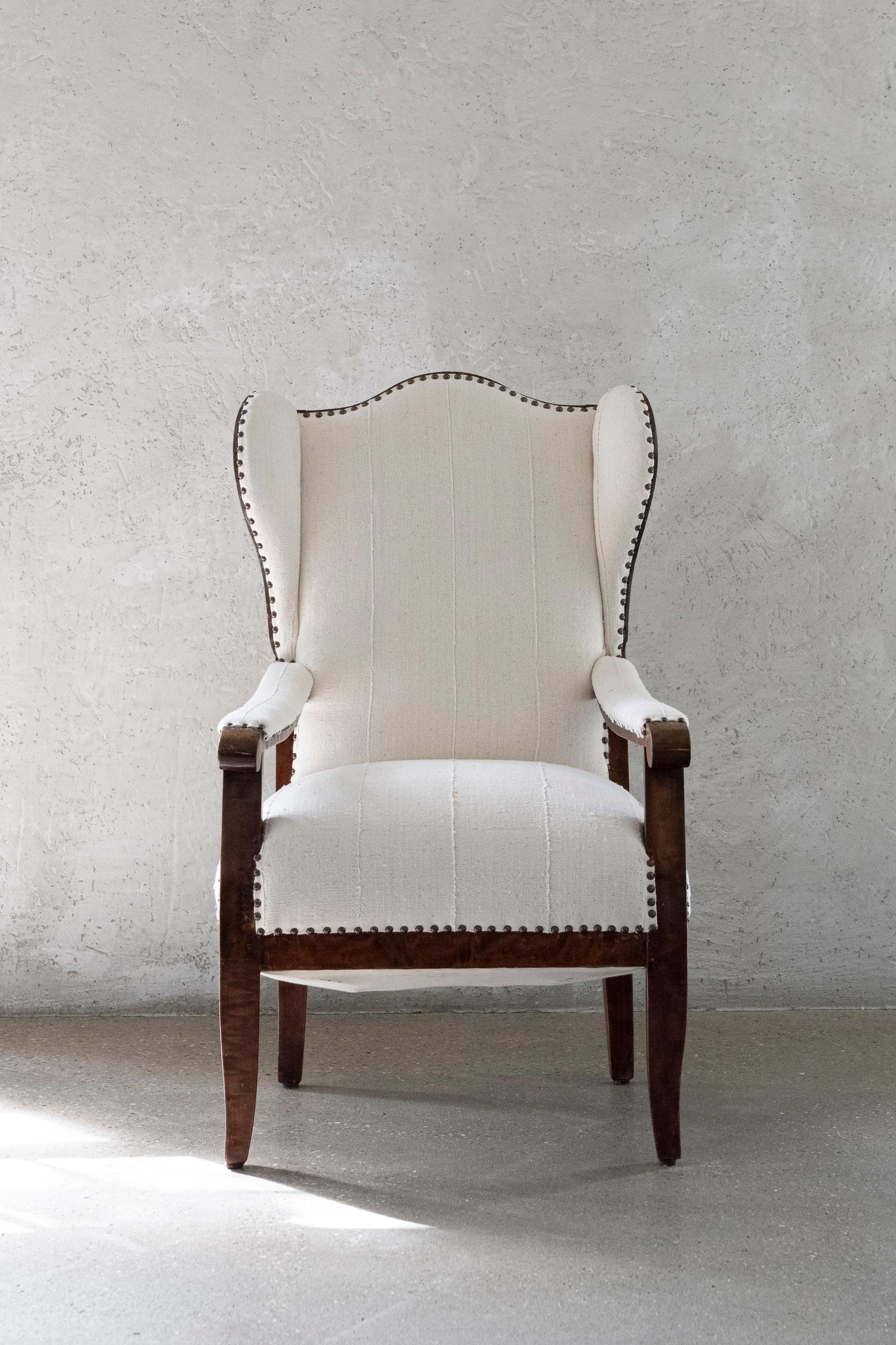 Wood 19th Century Biedermeier Wing Chair Reimagined in Bleached White Cotton Textile For Sale