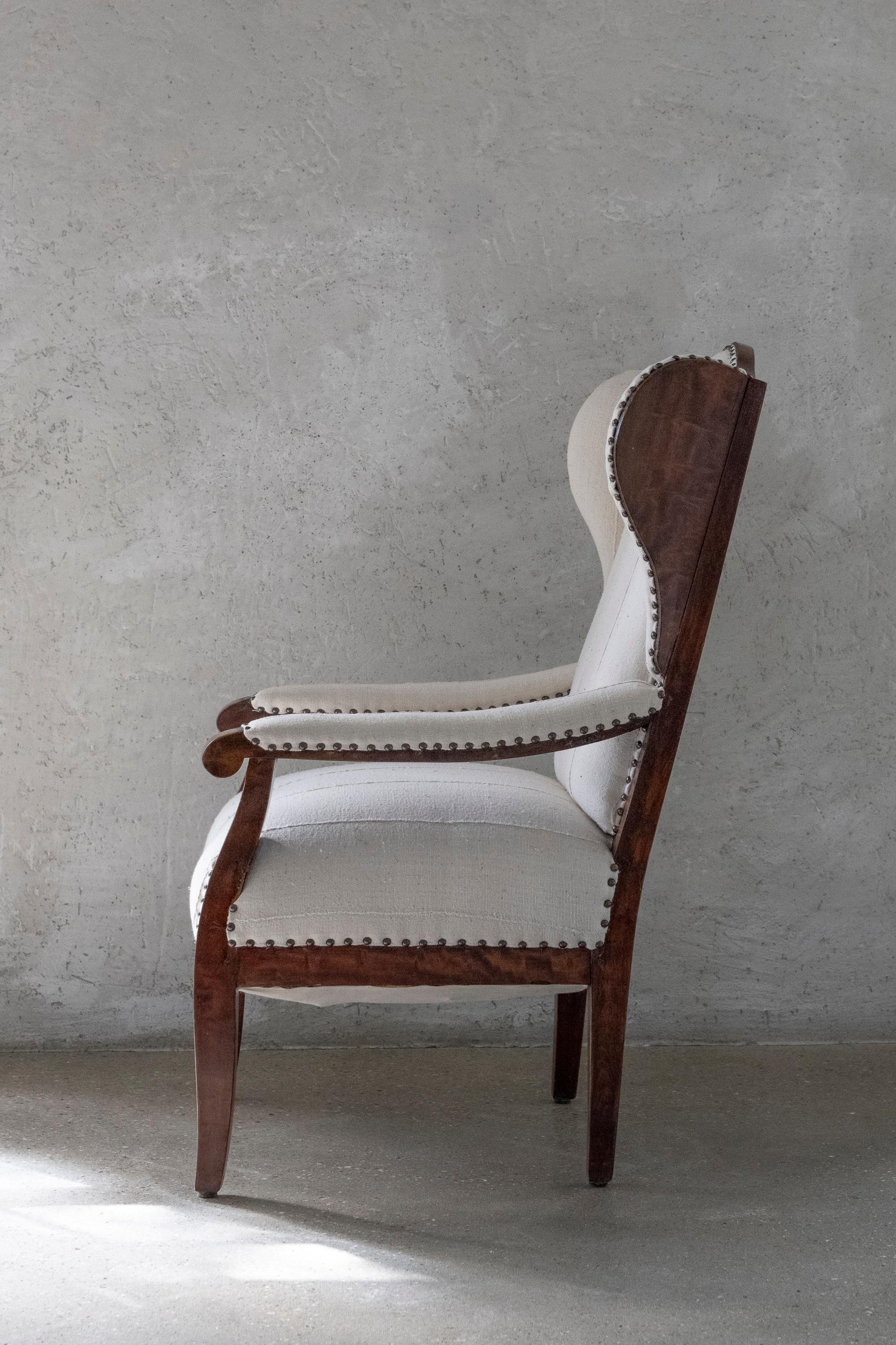 19th Century Biedermeier Wing Chair Reimagined in Bleached White Cotton Textile For Sale 1