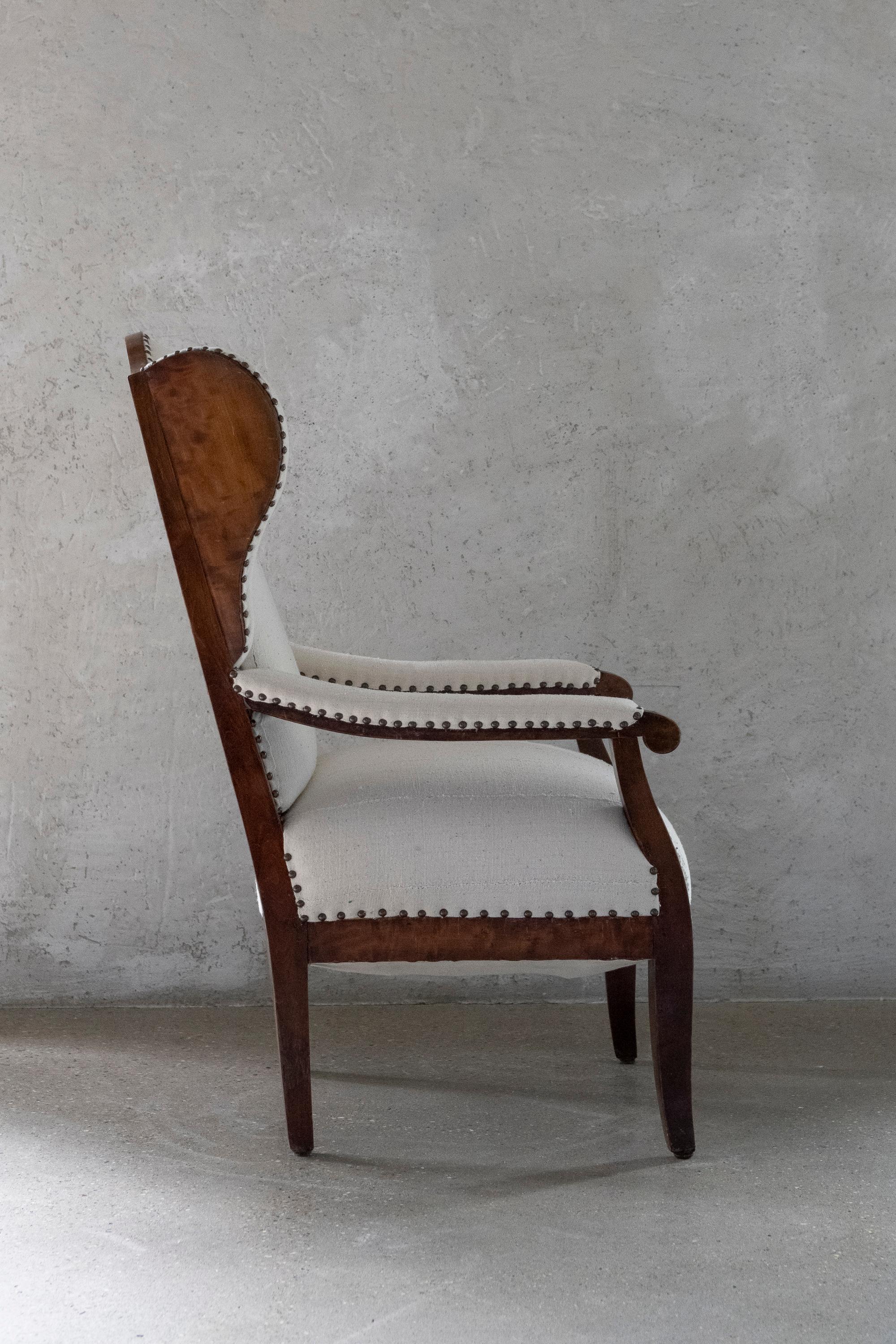 19th Century Biedermeier Wing Chair Reimagined in Bleached White Cotton Textile For Sale 3