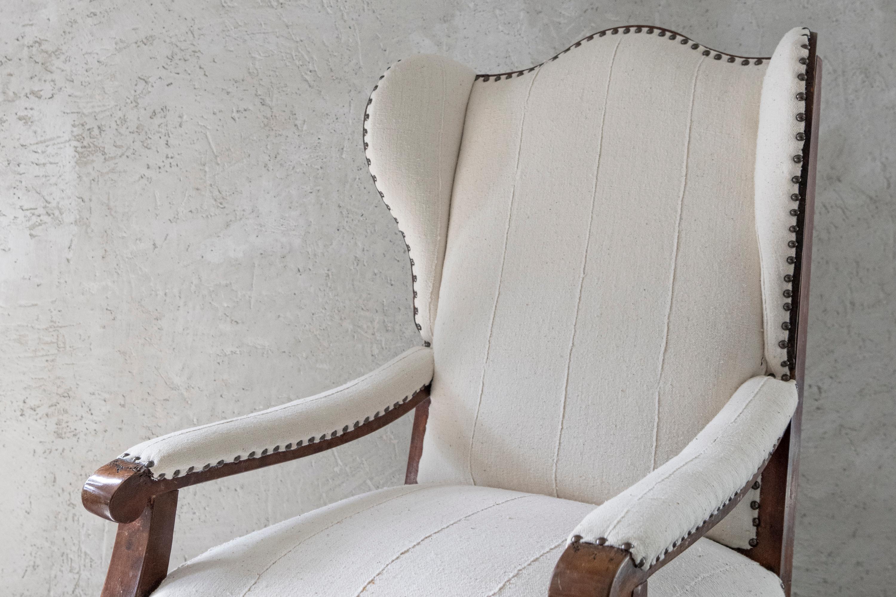 19th Century Biedermeier Wing Chair Reimagined in Bleached White Cotton Textile For Sale 4
