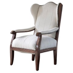 19th Century Biedermeier Wing Chair Reimagined in Bleached White Cotton Textile
