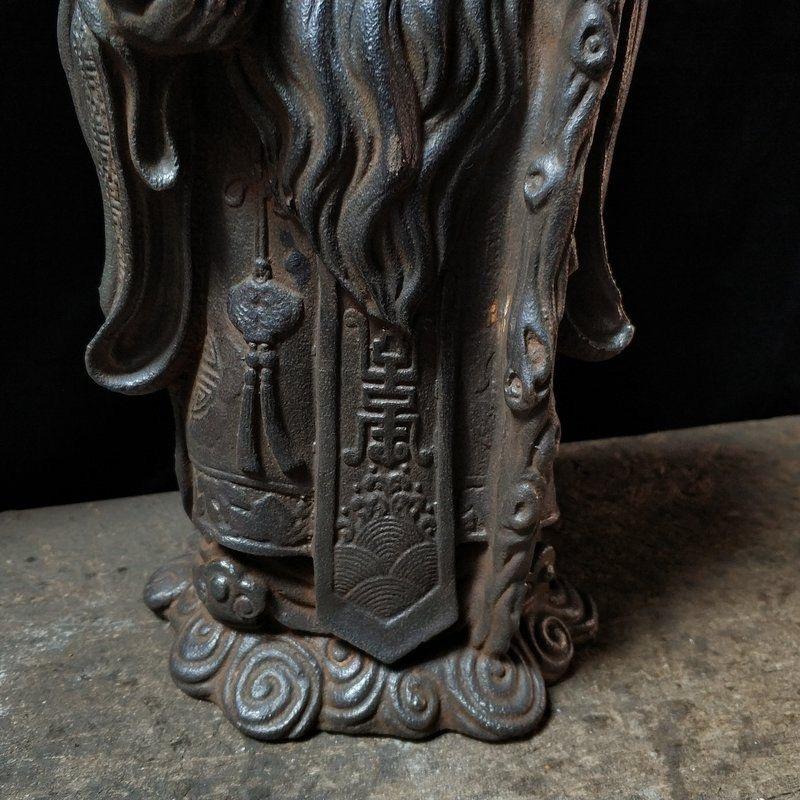 19th Century 36cm Vintage Chinese Iron Longevity God Statue Holding Stick and Peach For Sale