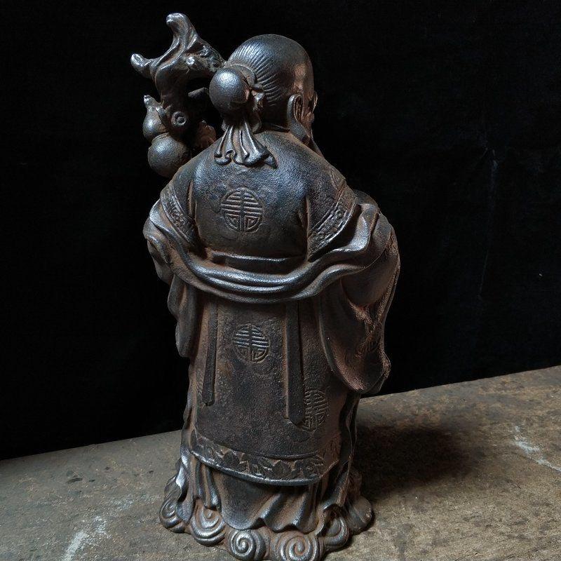 36cm Vintage Chinese Iron Longevity God Statue Holding Stick and Peach For Sale 1