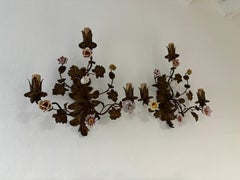 19th Century Big Italian Tole and Porcelain Flowers Polychrome Sconces