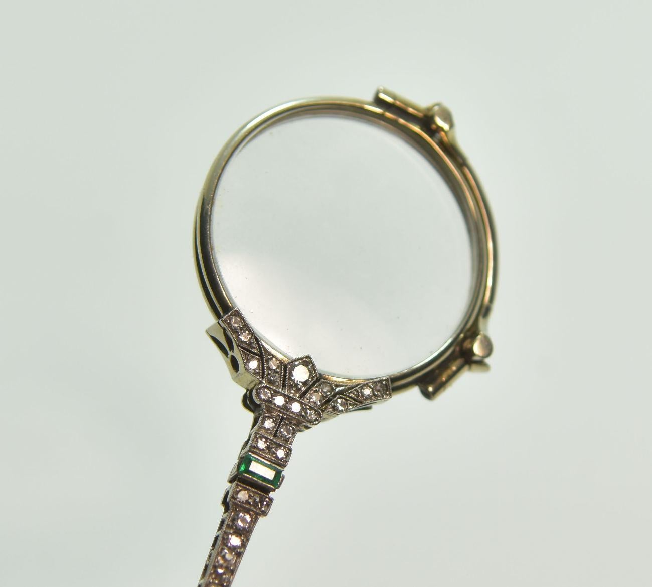 19th Century Binocle or Hand Face in Brilliant White Gold and Emerald For Sale 3