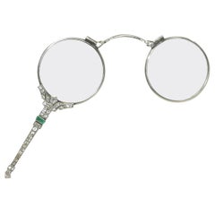 Used 19th Century Binocle or Hand Face in Brilliant White Gold and Emerald