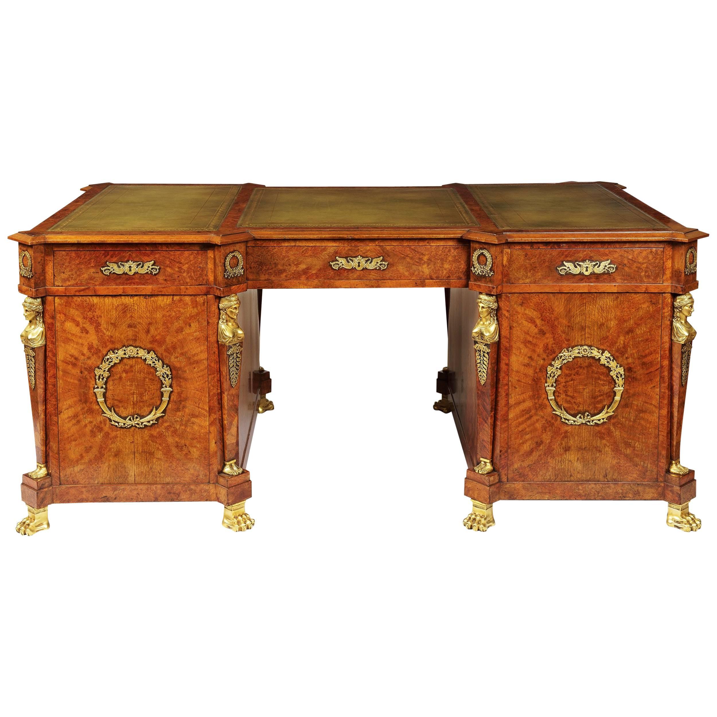 19th Century Birch and Morocco Leather Pedestal Desk in the French Empire Manner For Sale
