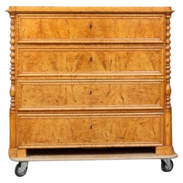 19th Century Birch Burl Wood Chest of Drawers w/ Carved Spindle Details, c1840