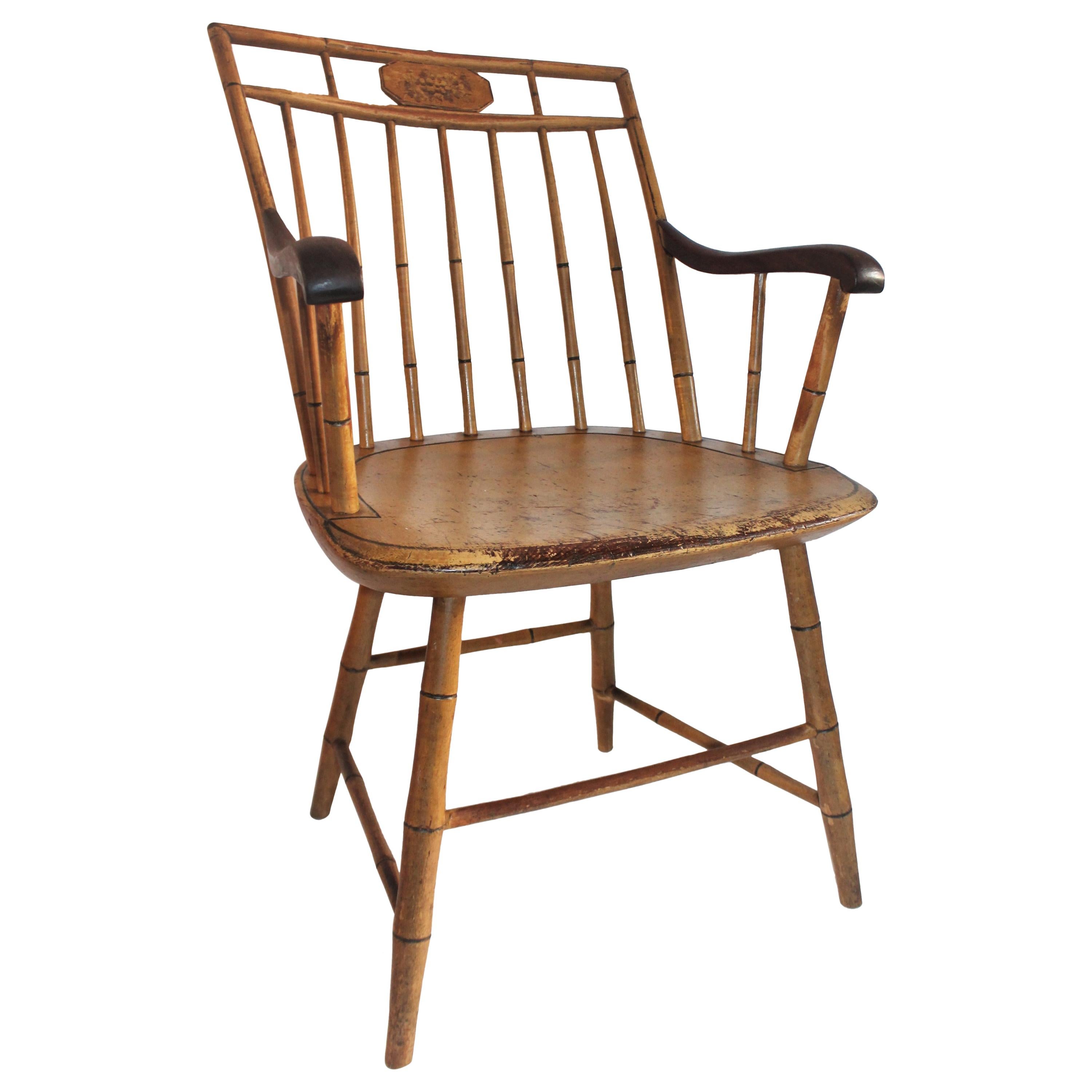 19th Century Bird Cage Windsor Armchair Original Mustard Painted Surface For Sale