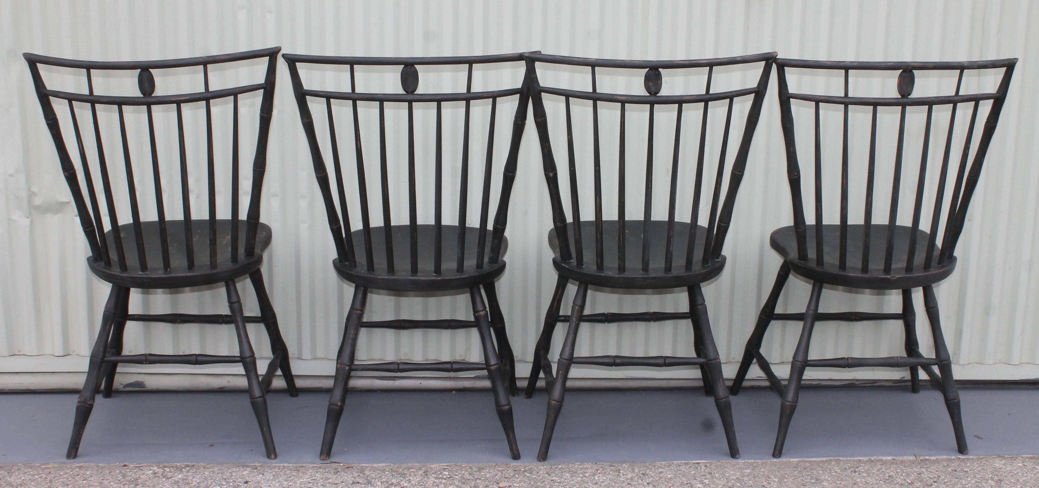 American 19th Century Birdcage Windsor Chairs in Windsor Green, Set of Four