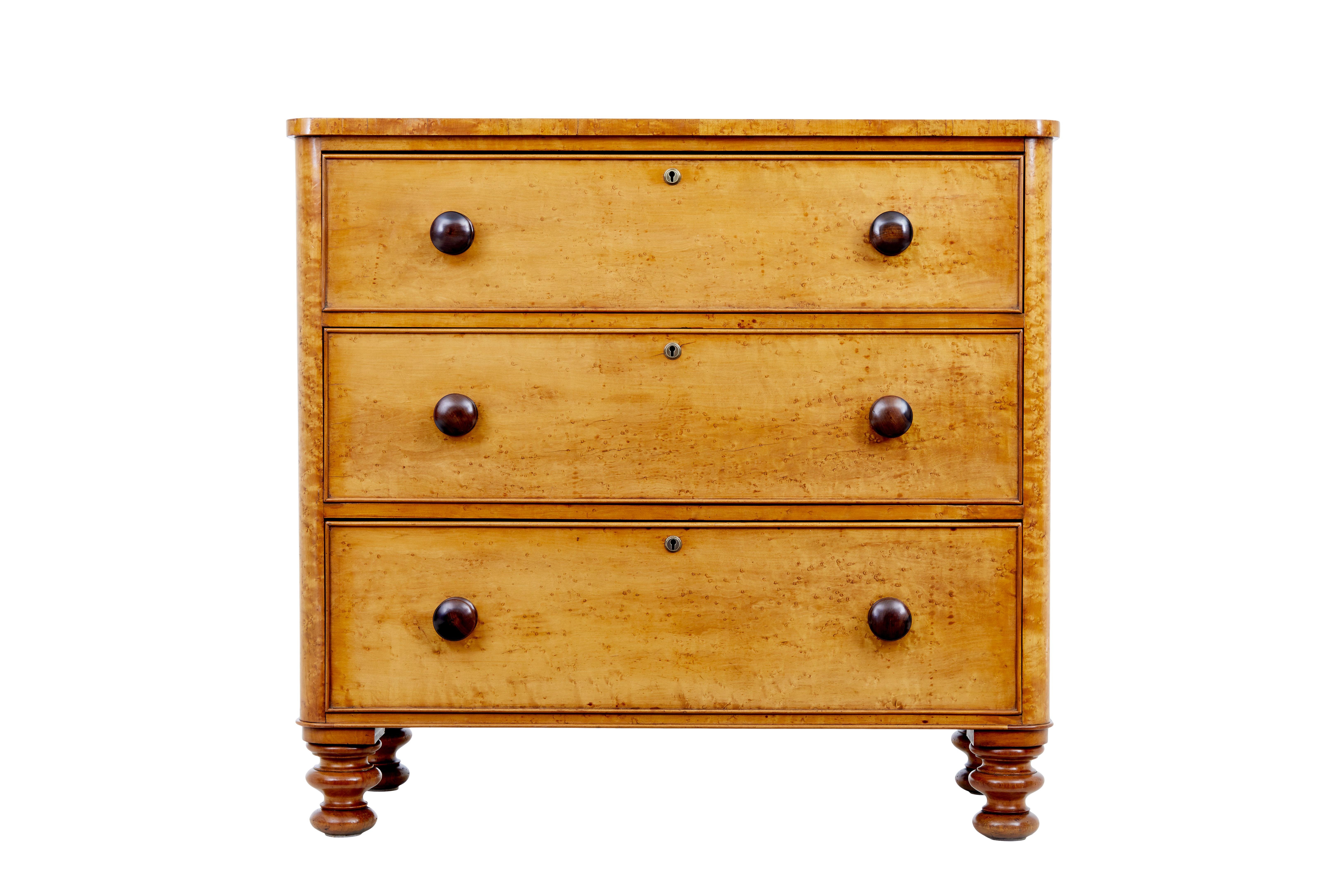 19th century birds eye maple chest of drawers circa 1870.

Good quality English chest of drawers made out of bird's eye maple, which gives a stunning colour and grain to the timber.

Fitted with 3 drawers, each with cock beaded edging and fitted
