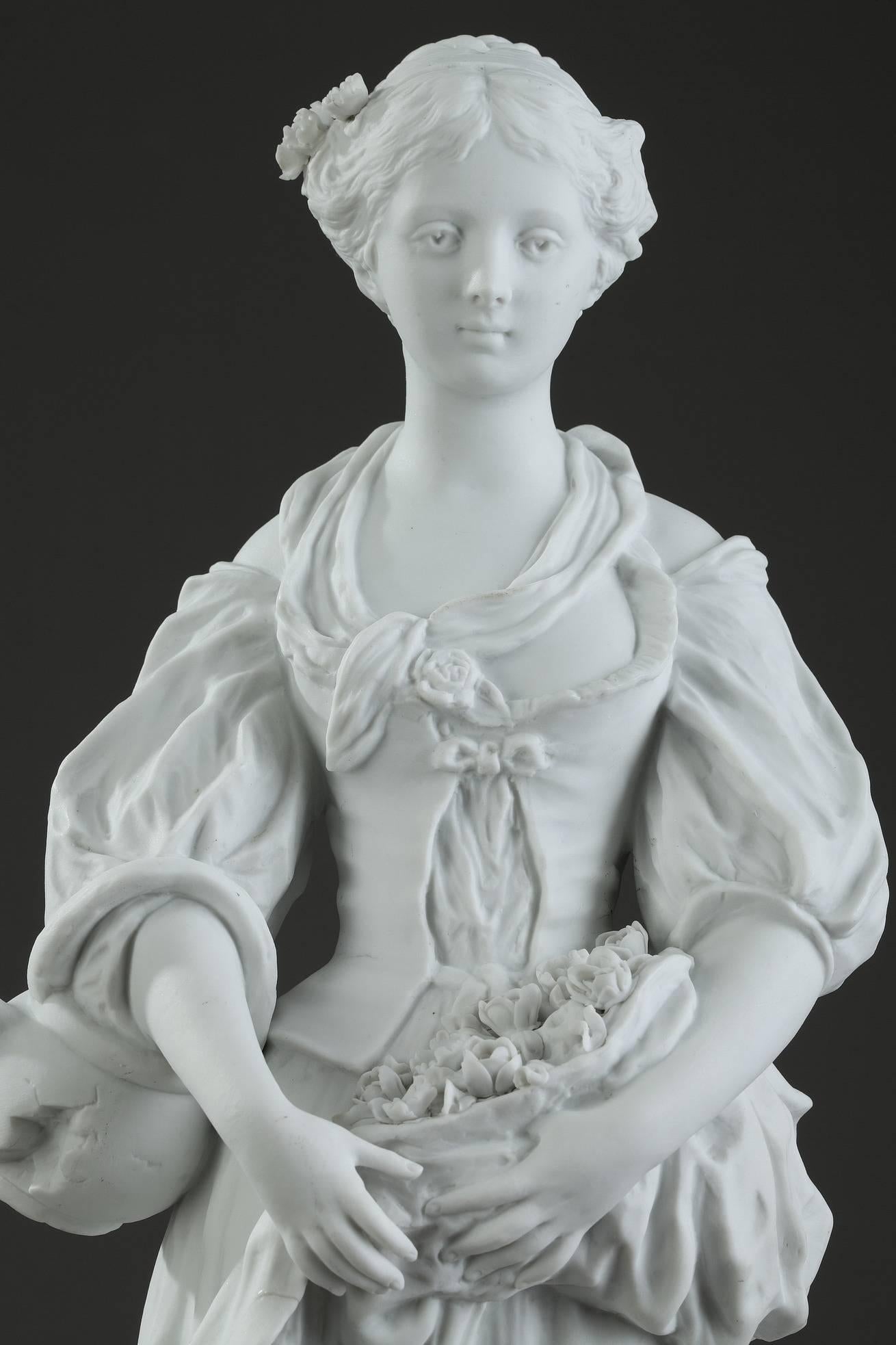 Neoclassical 19th Century Biscuit Statuette Young Woman with Flowers For Sale