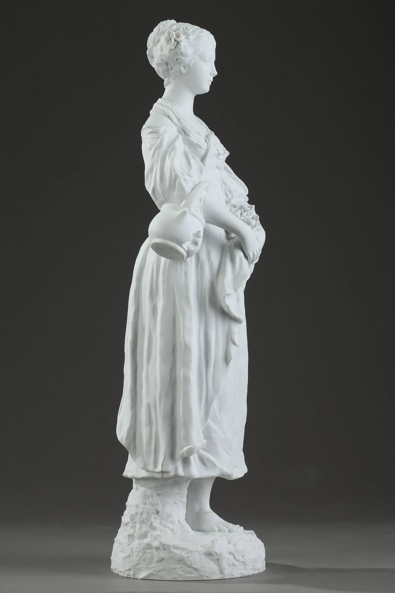 Statuette de jeune femme en biscuit avec fleurs, XIXe siècle en vente 2