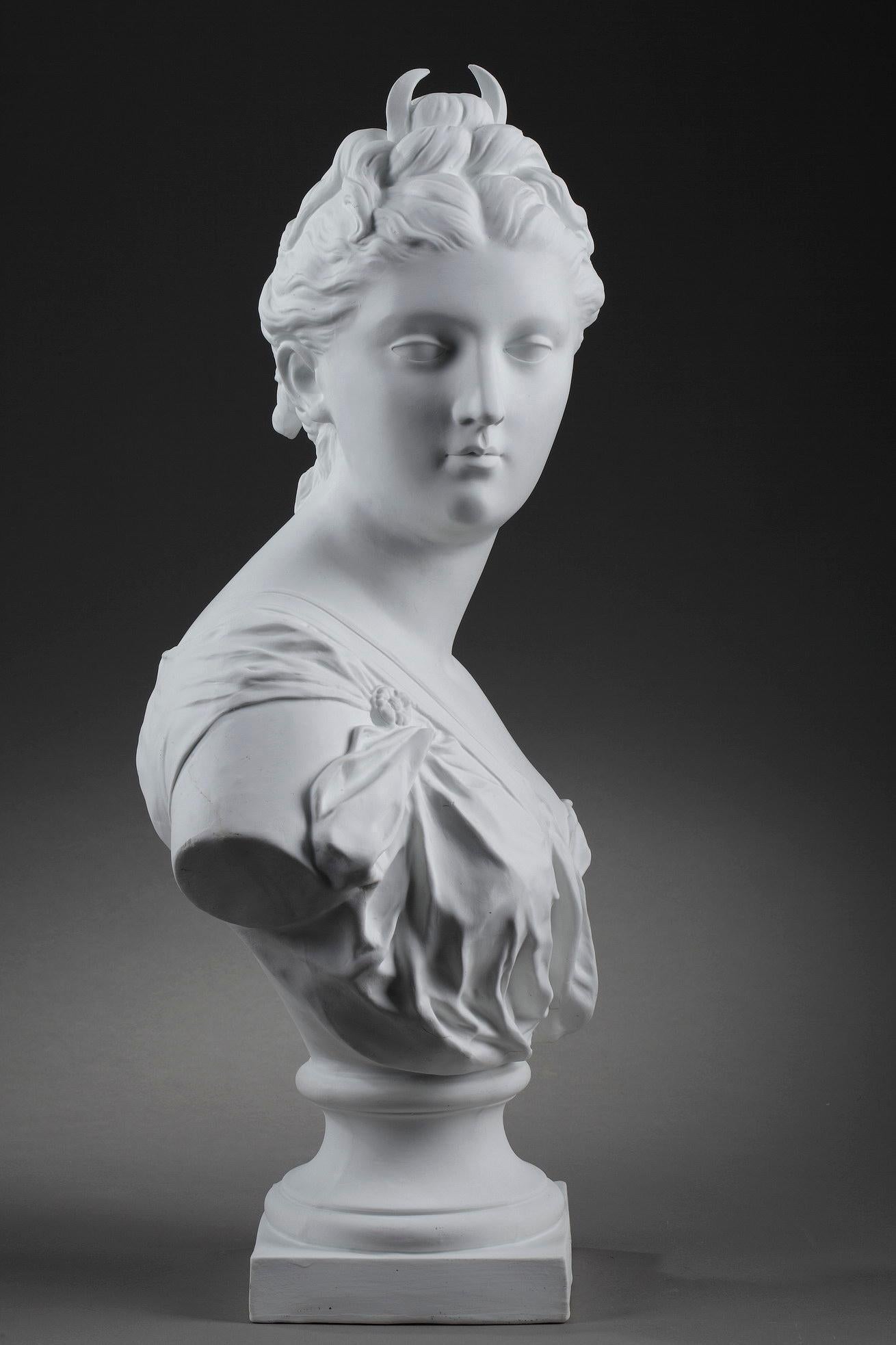 Neoclassical Revival 19th Century Bisque Bust: Diana the Huntress After Houdon