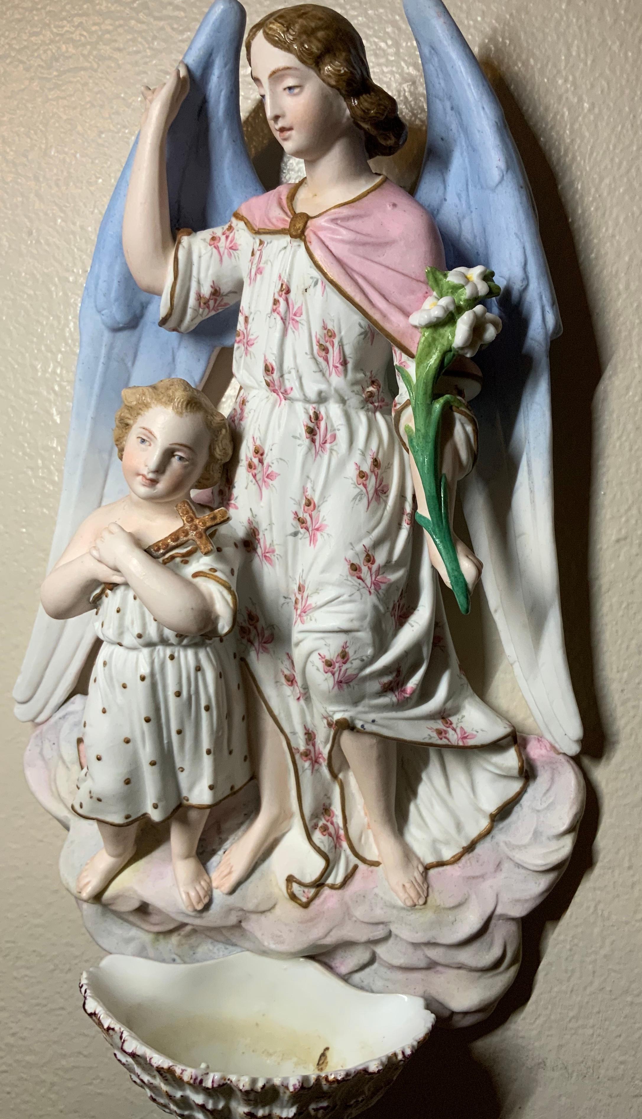 19th Century Bisque Porcelain Guardian Angel & Child Holy Water Font Wall Plaque 2