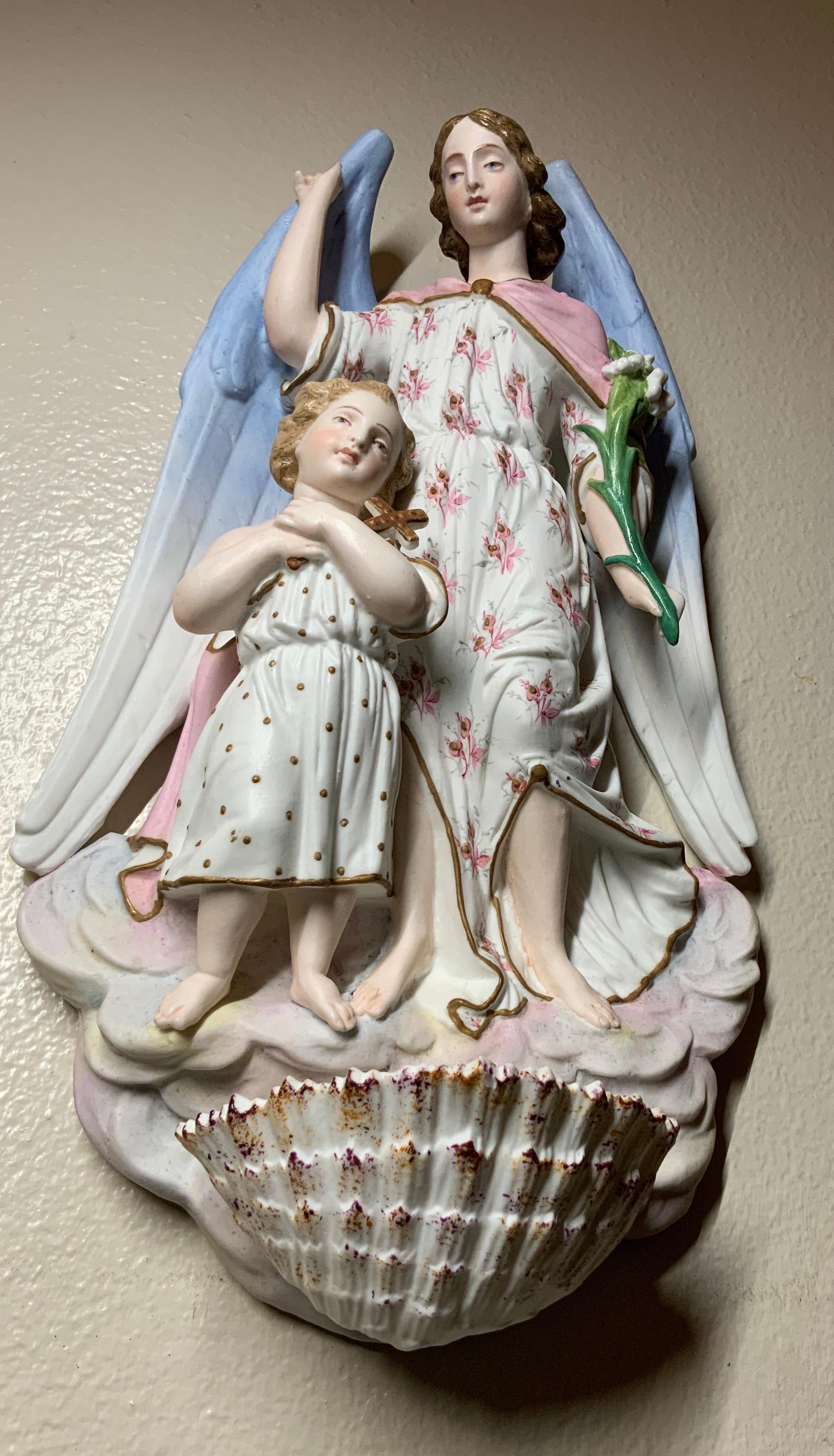 19th Century Bisque Porcelain Guardian Angel & Child Holy Water Font Wall Plaque 3