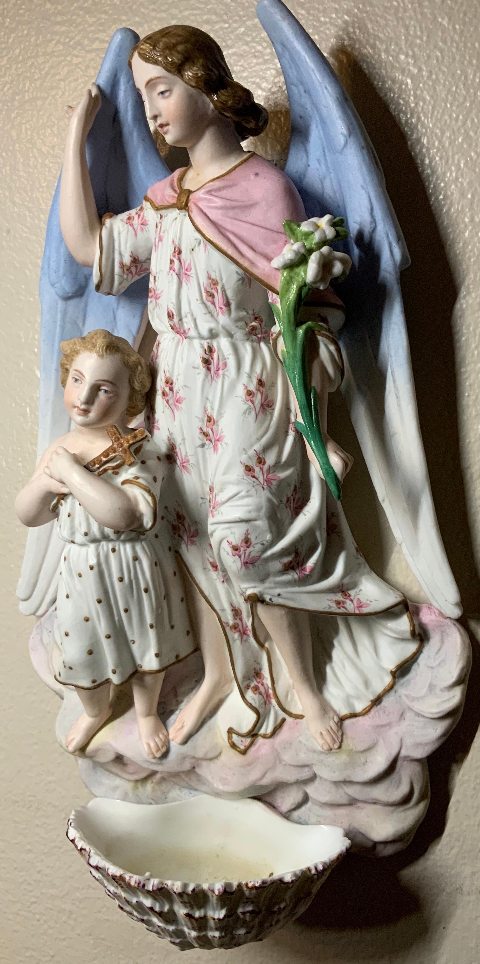 Unknown 19th Century Bisque Porcelain Guardian Angel & Child Holy Water Font Wall Plaque