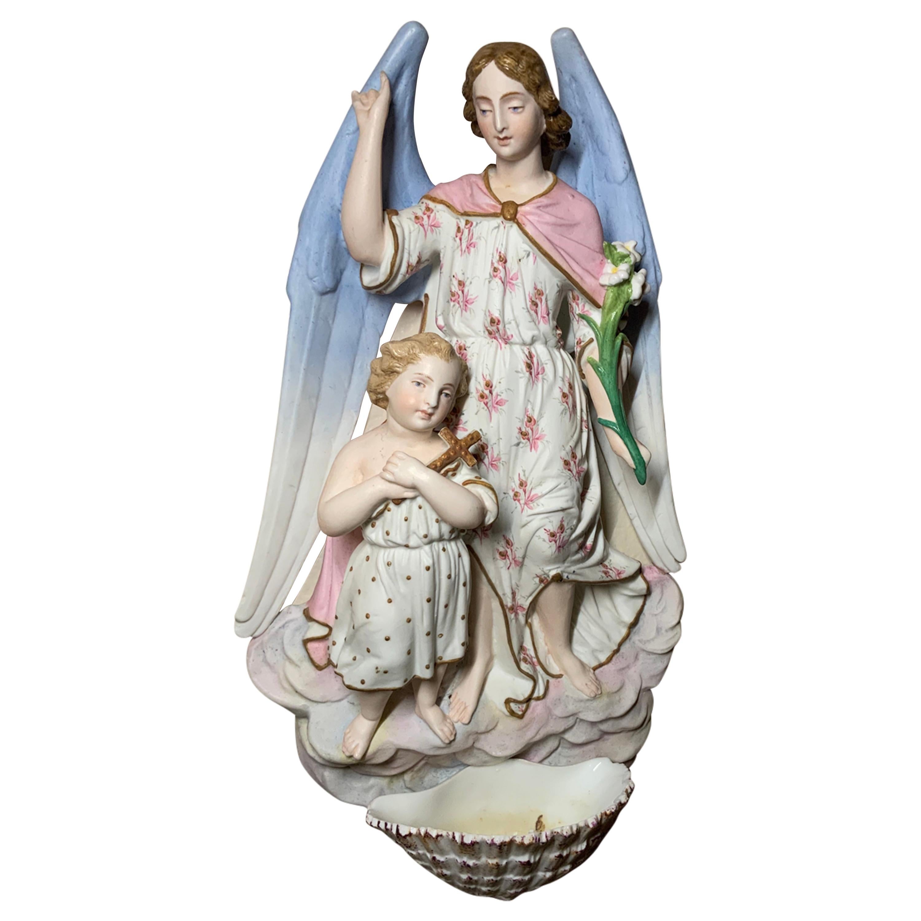 19th Century Bisque Porcelain Guardian Angel & Child Holy Water Font Wall Plaque