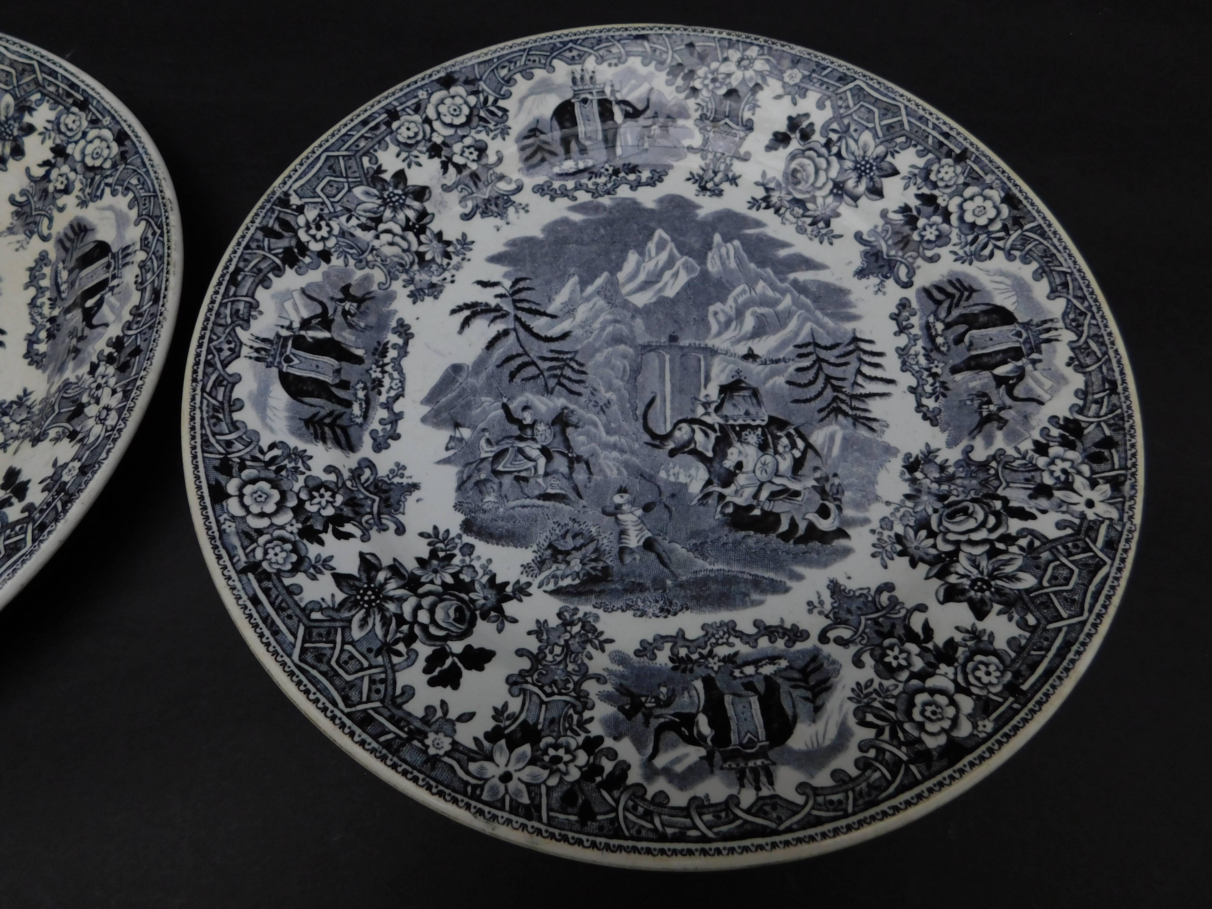 Dutch 19th Century Black & White Transfer Ware Plates Showing Hanibal's Elephant Army For Sale