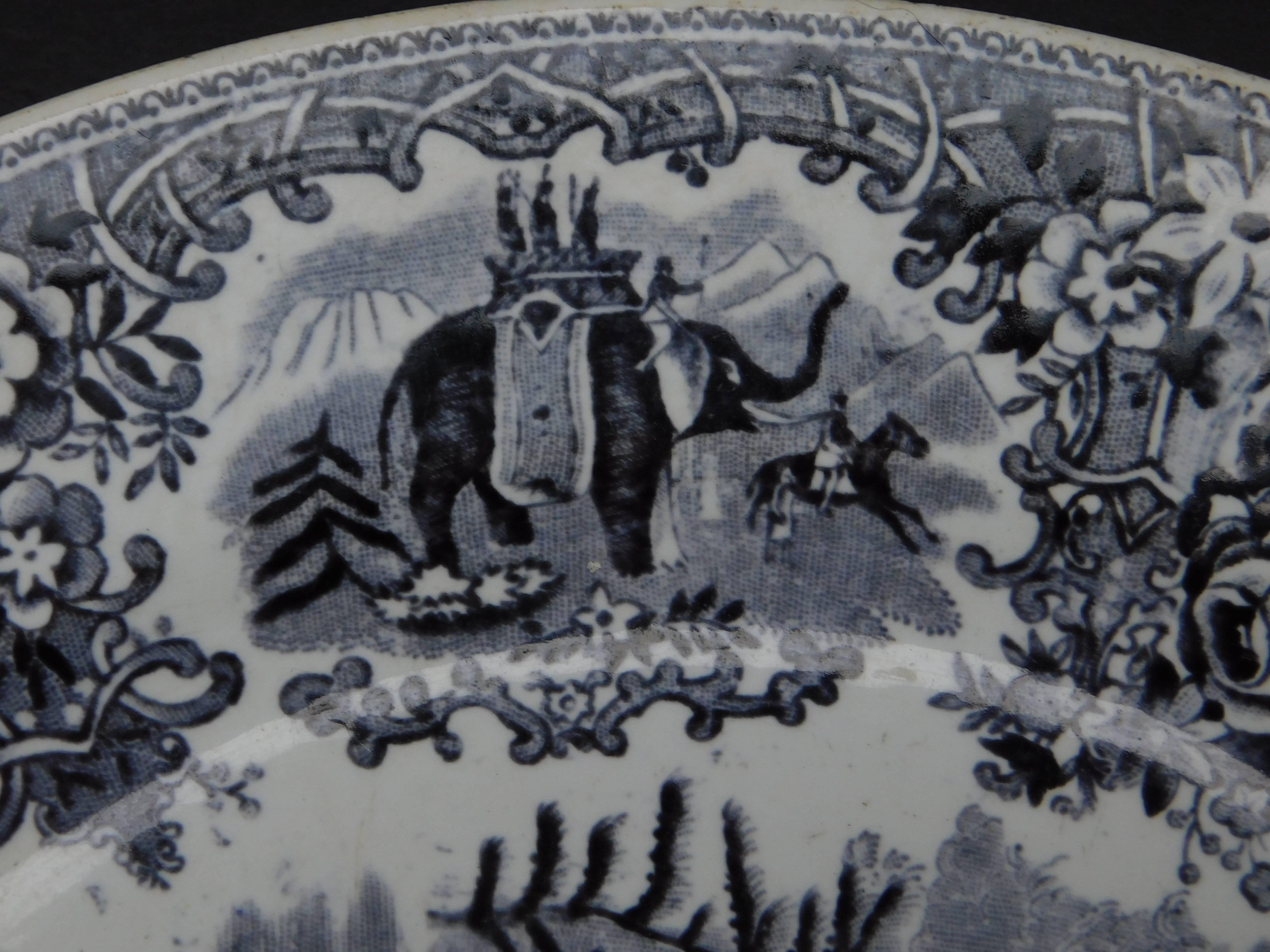 19th Century Black & White Transfer Ware Plates Showing Hanibal's Elephant Army For Sale 1