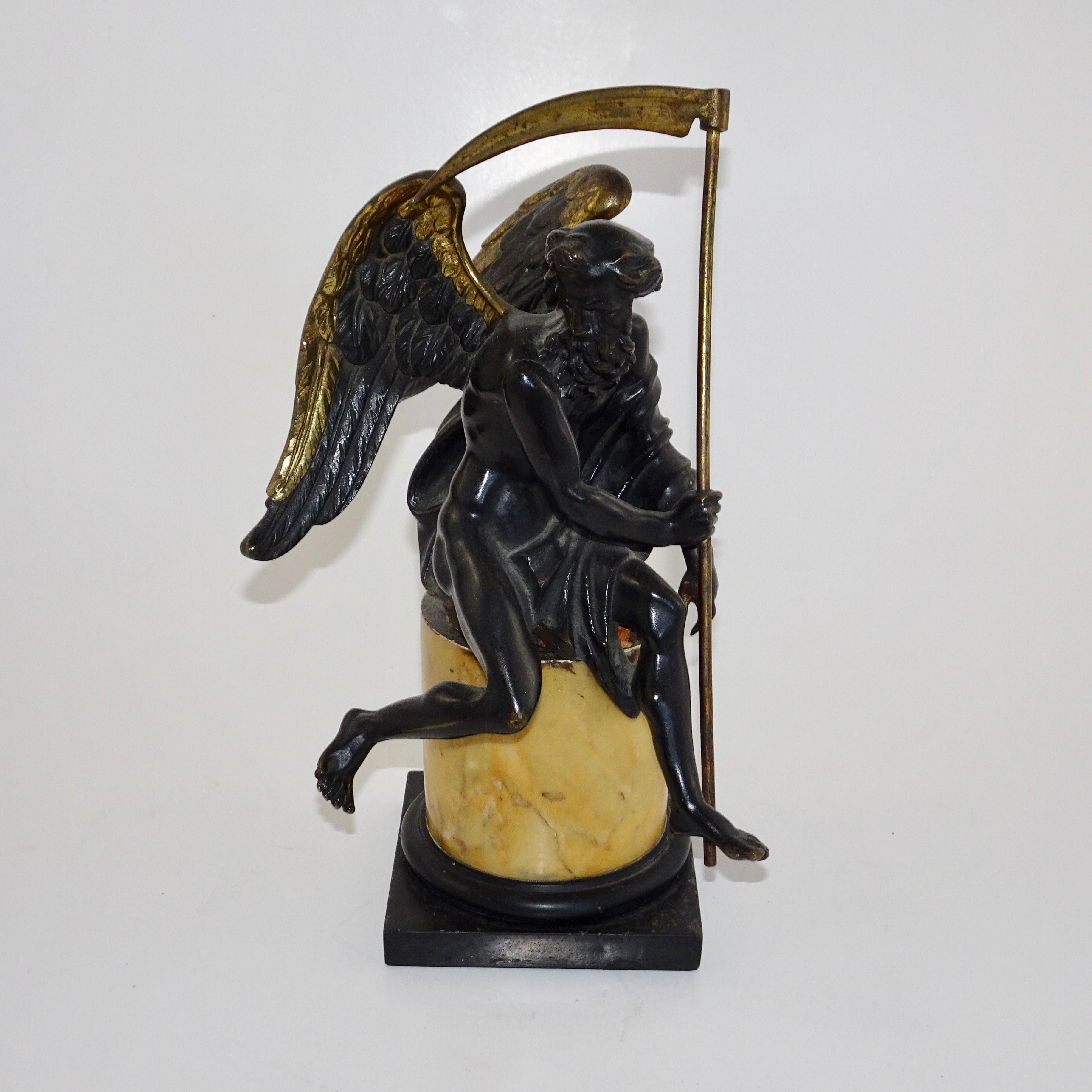 This statuette depicts the biblical angel from Revelations 14 in which the Bible says 