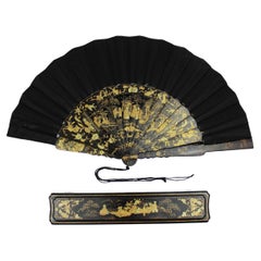 19th Century Black and Gold Lacquer Export Brisé fan Original box Qing China