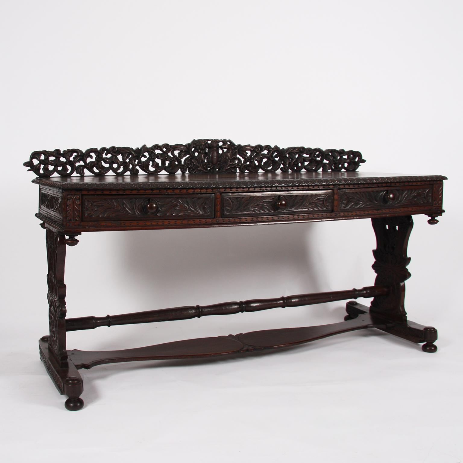 Indian, 19th century

A stunning Anglo-Indian, carved wood, desk. Beautifully detailed. 

This unique table can be used as a desk, console table or serving table.
