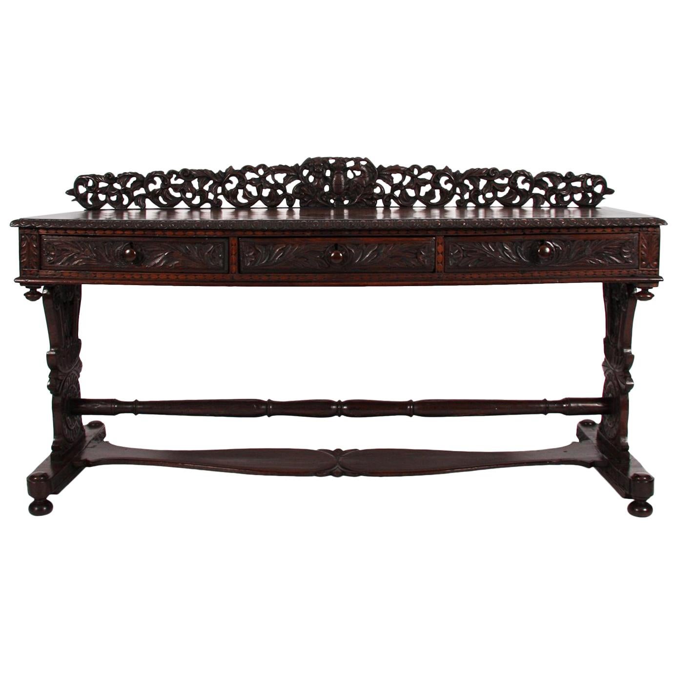 19th Century Black Anglo-Indian Carved Wood Desk