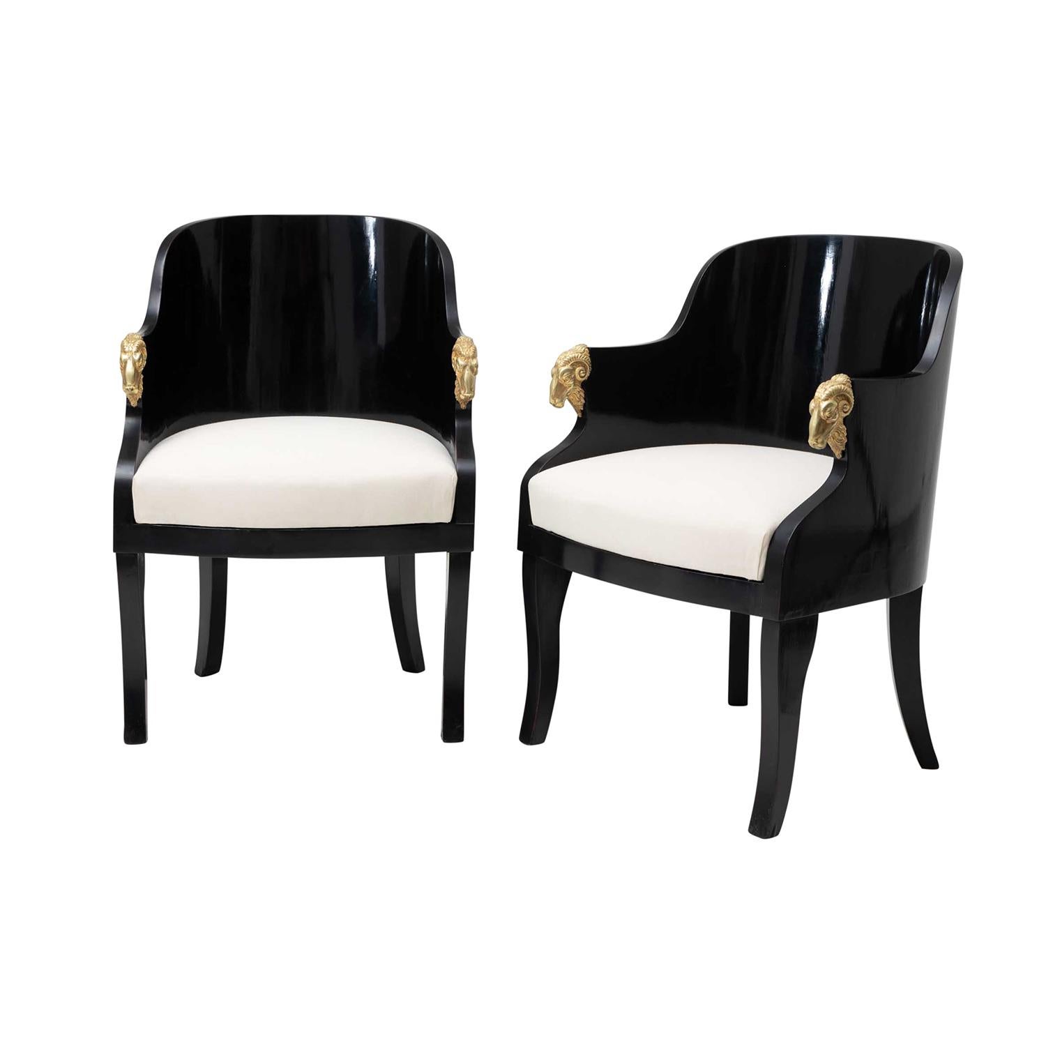 Hand-Carved 19th Century Black Baltic Pair of Lacquered Birch Armchairs, Antique Side Chairs For Sale