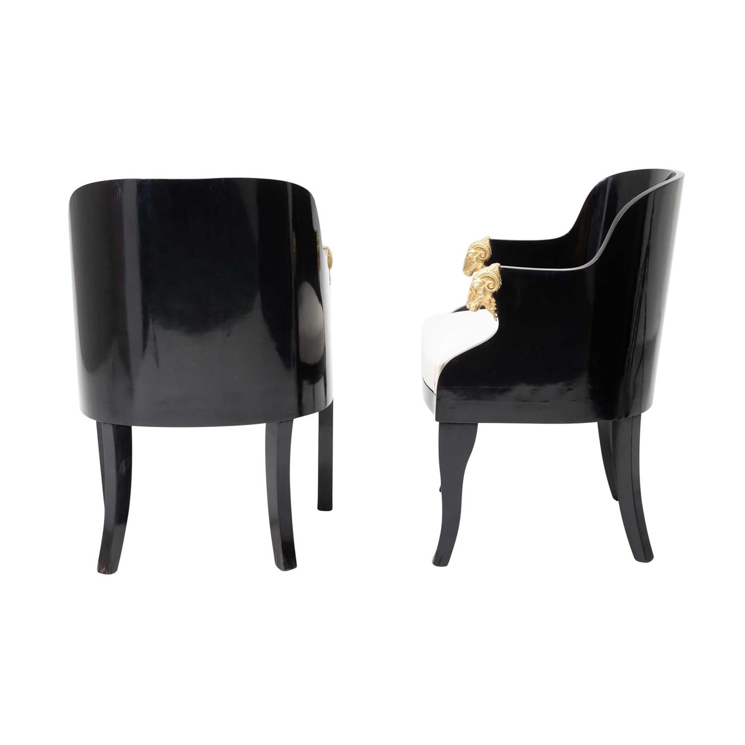 Fabric 19th Century Black Baltic Pair of Lacquered Birch Armchairs, Antique Side Chairs For Sale