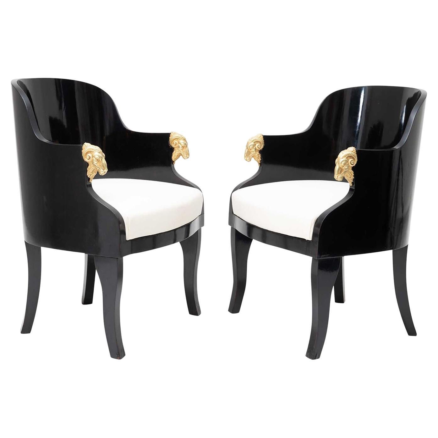 19th Century Black Baltic Pair of Lacquered Birch Armchairs, Antique Side Chairs