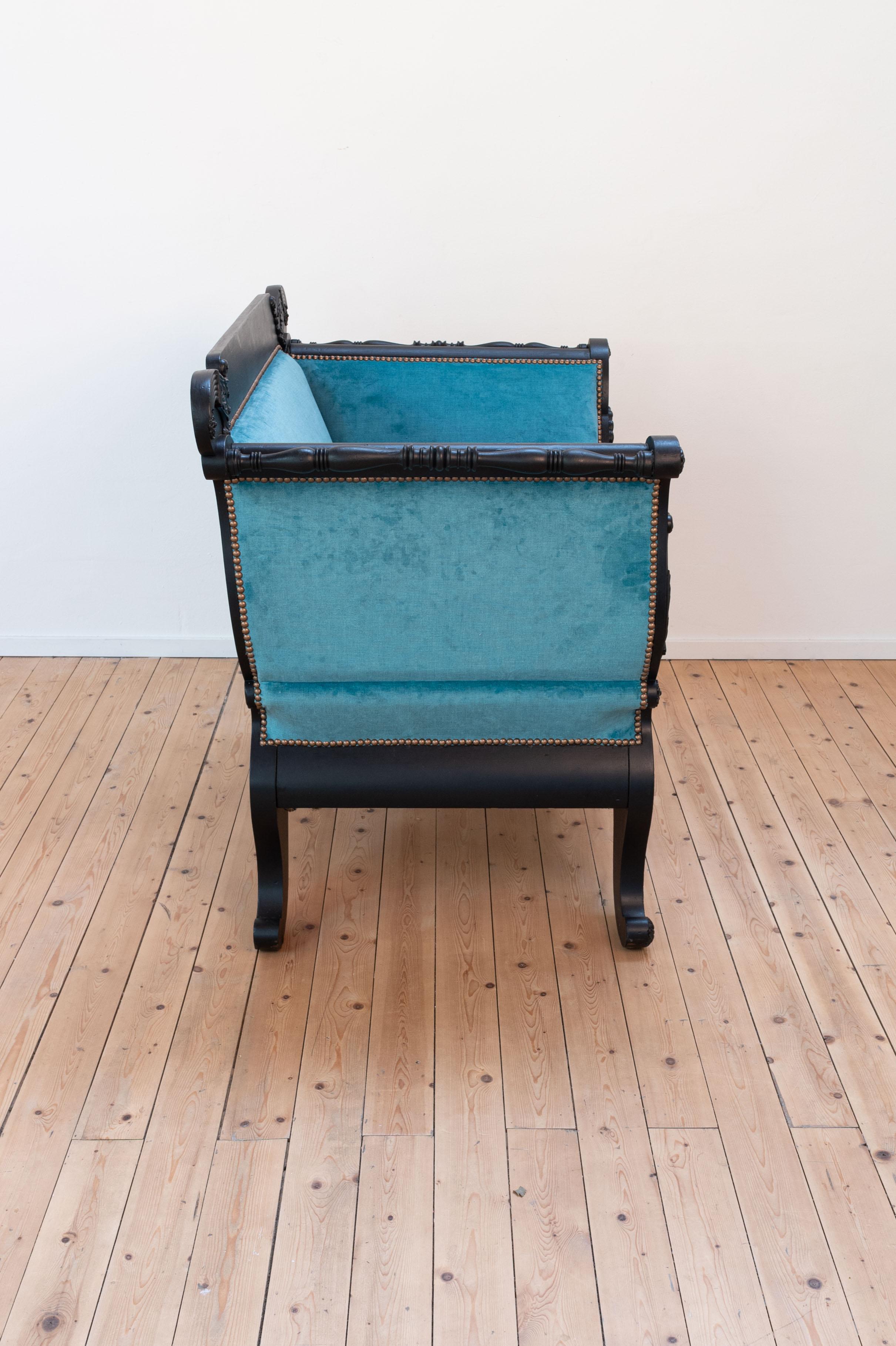 19th century black Biedermeier armchair with new blue velvet For Sale 6
