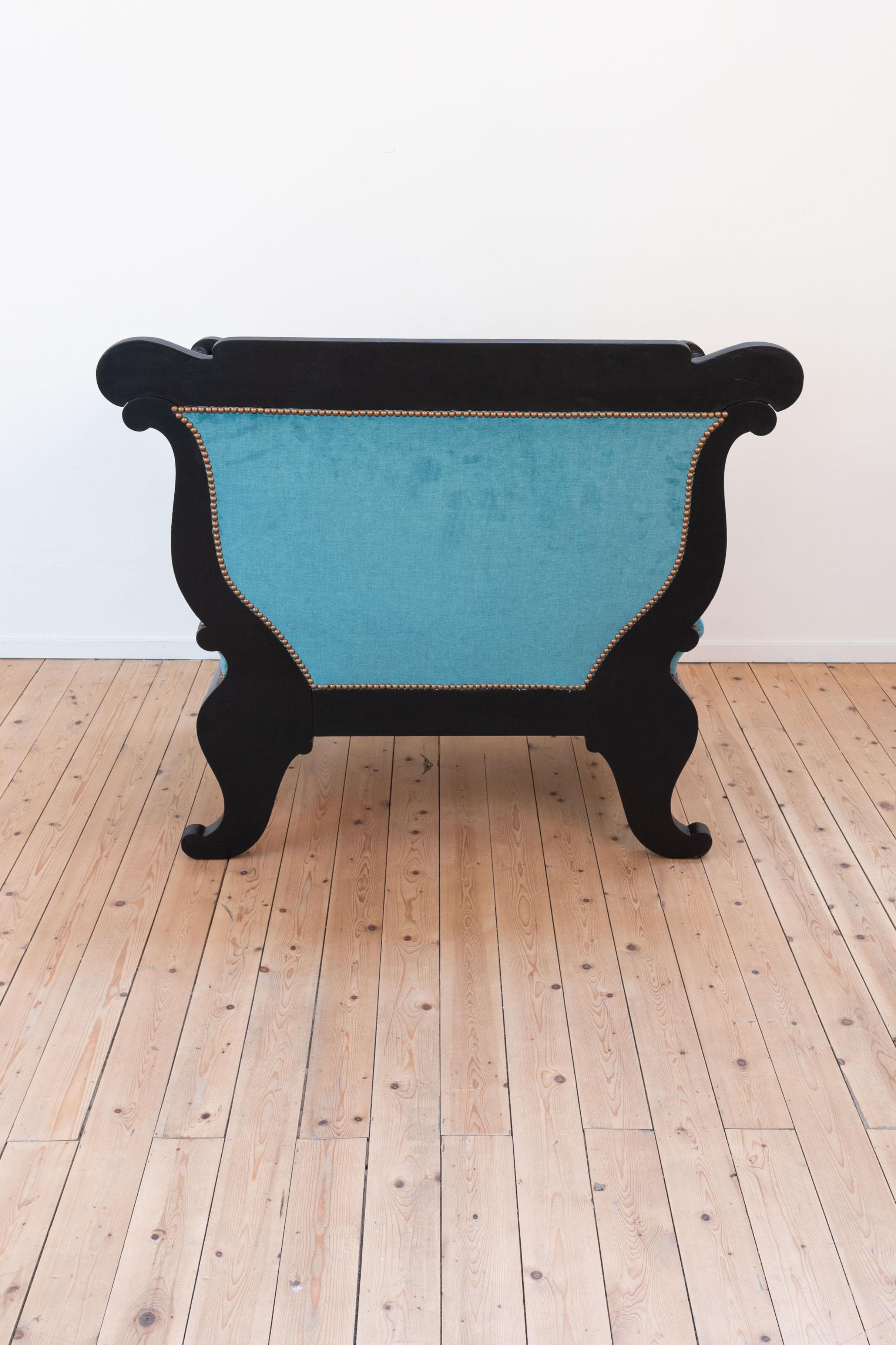 19th century black Biedermeier armchair with new blue velvet For Sale 8