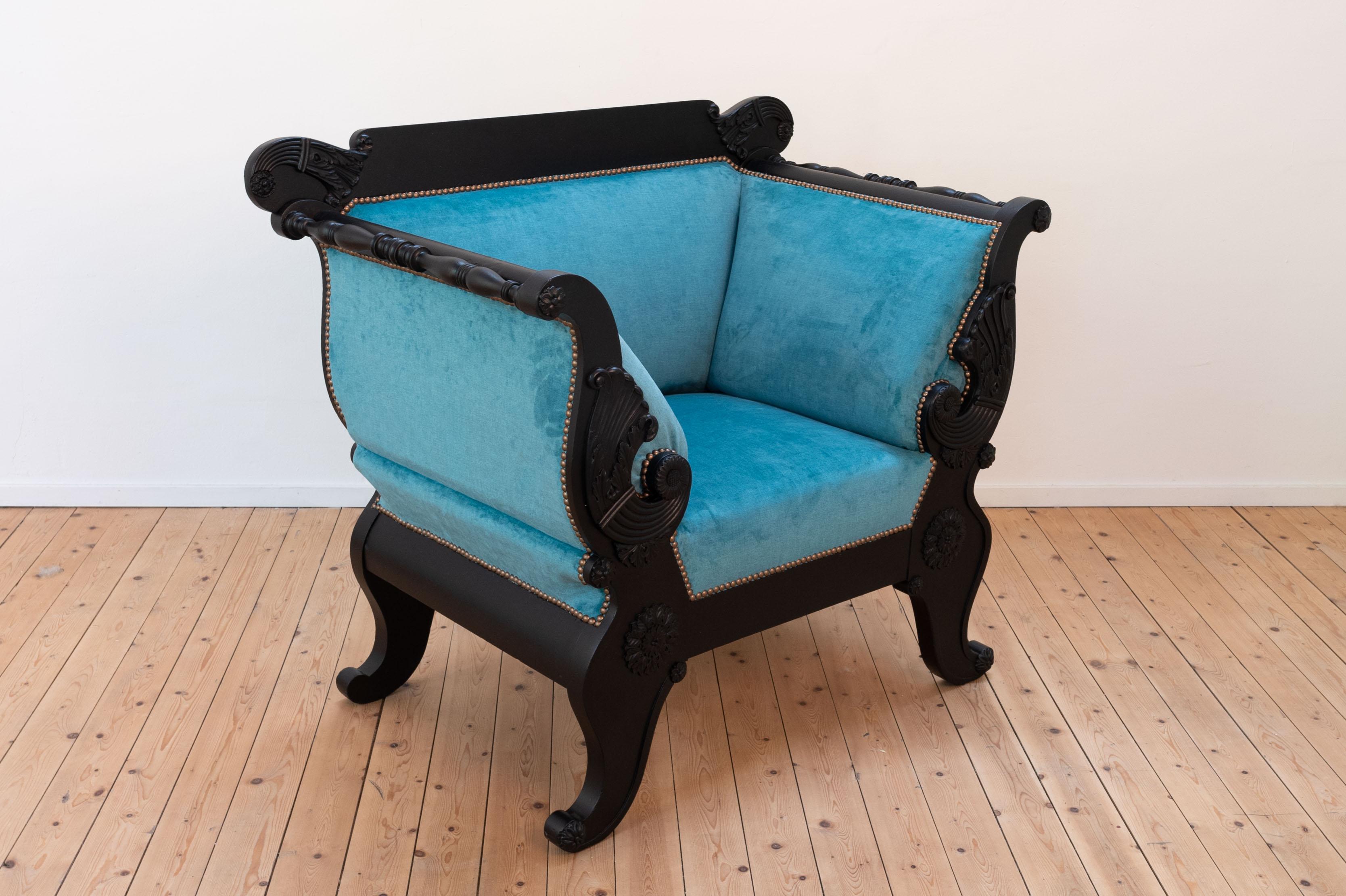 19th century black Biedermeier armchair with new blue velvet For Sale 9