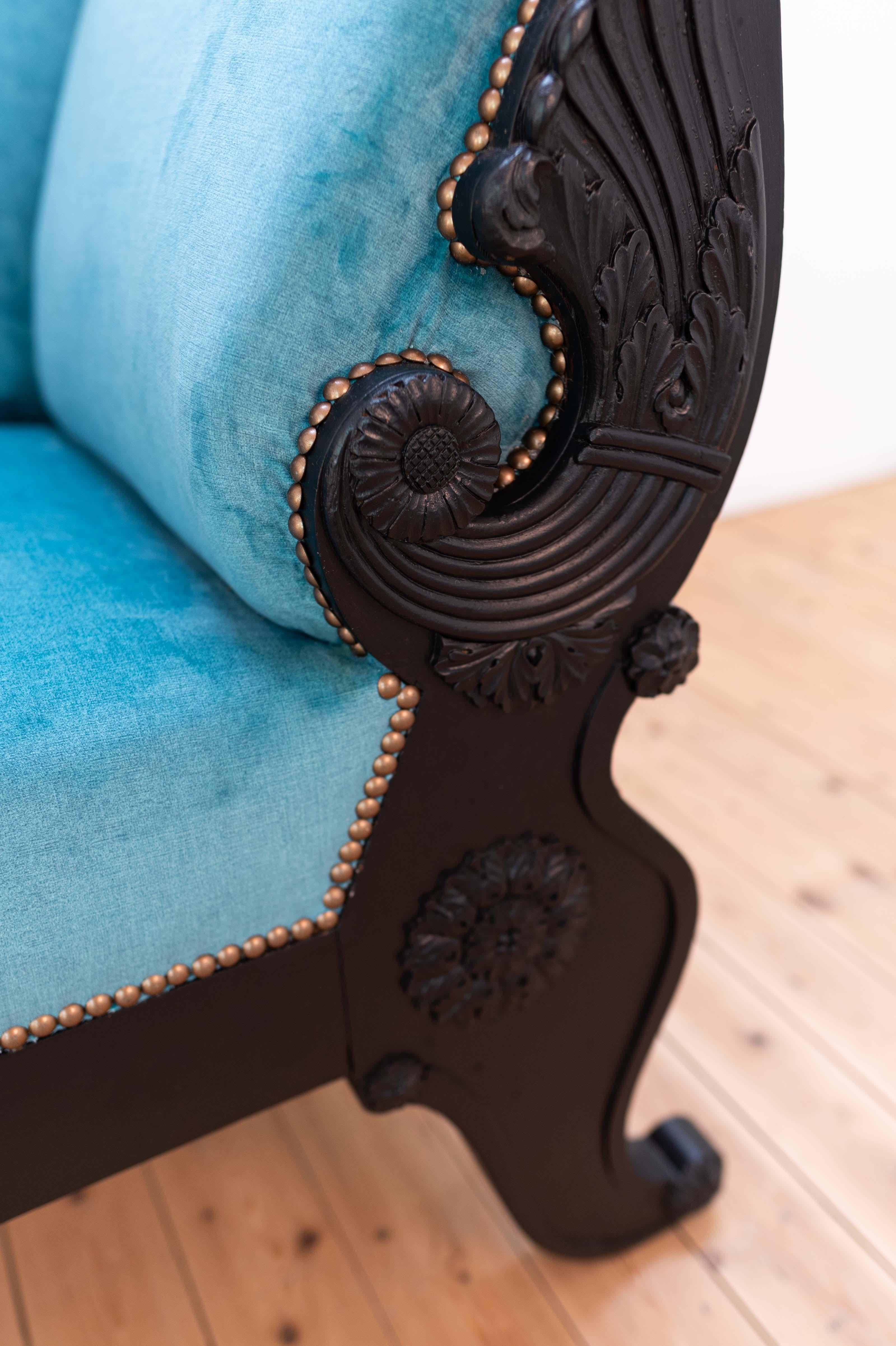 19th Century 19th century black Biedermeier armchair with new blue velvet For Sale
