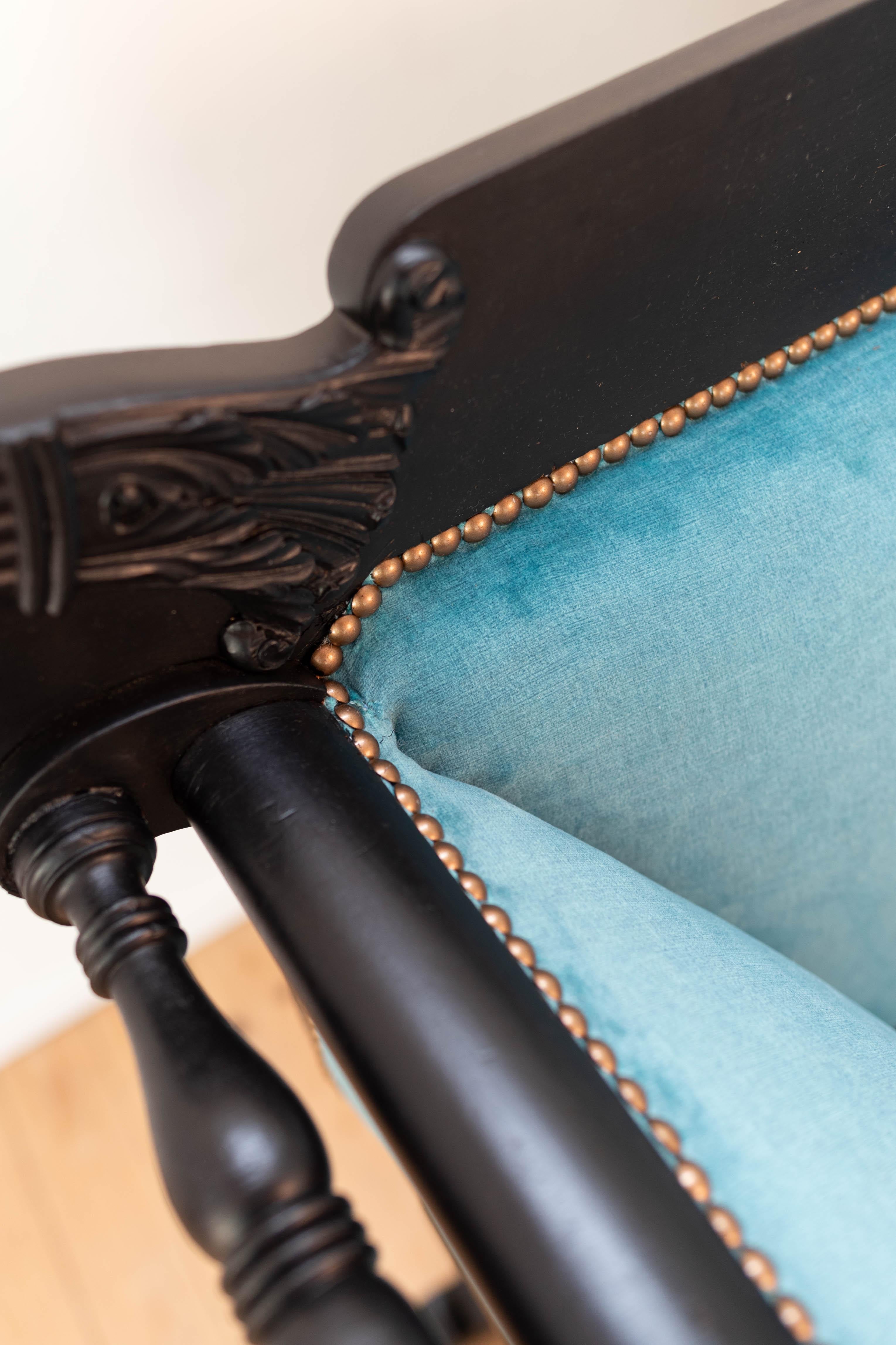 19th century black Biedermeier armchair with new blue velvet For Sale 1