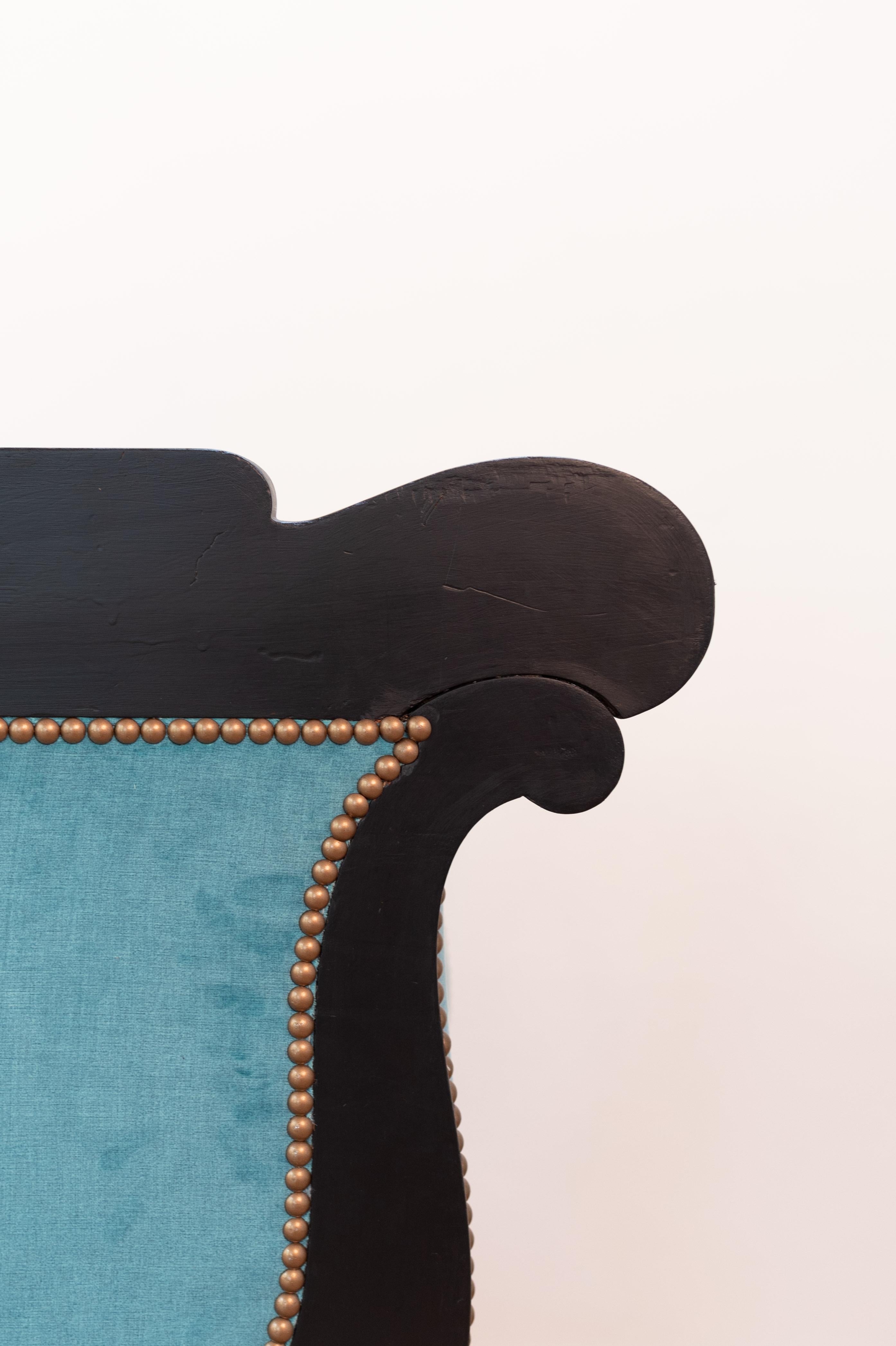 19th century black Biedermeier armchair with new blue velvet For Sale 3